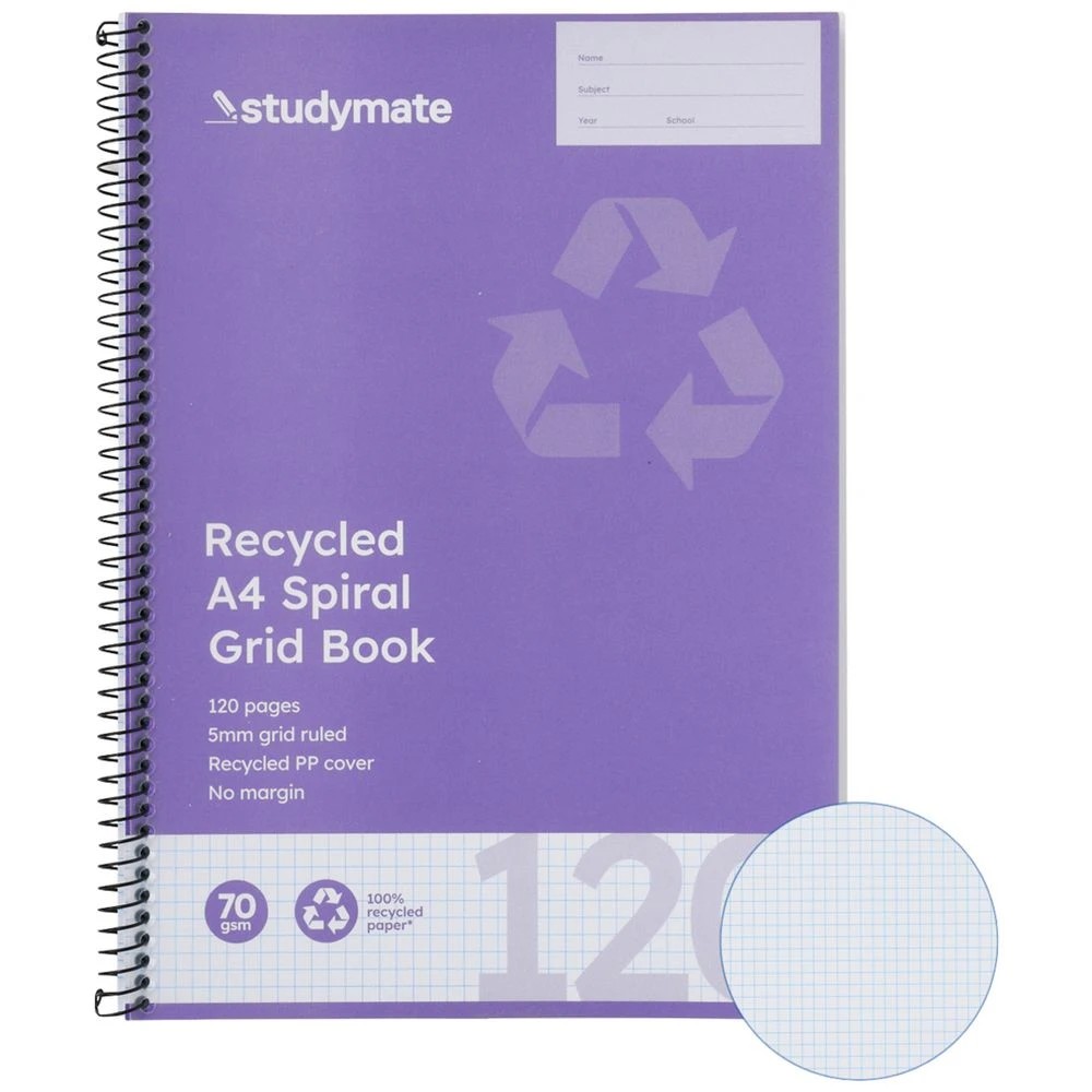 1 Studymate A4 Recycled Spiral Grid Notebook 120 Page, 1 of 3