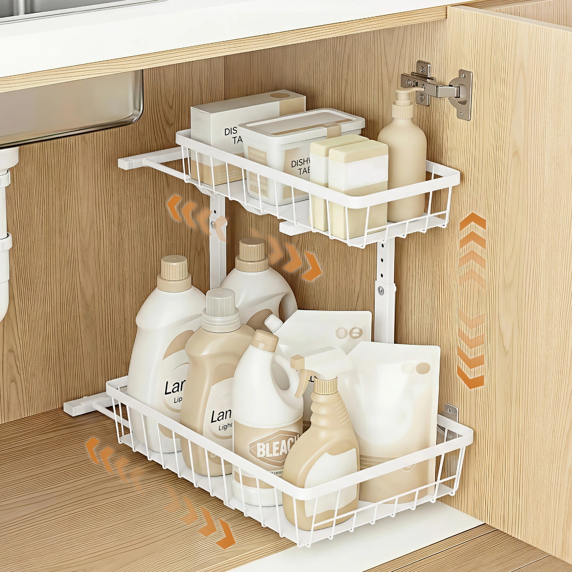 4 Artiss Under Sink Organizer Storage with 2 Slide Out Drawers 5 Adjustable Height Bathroom - White, 4 of 4