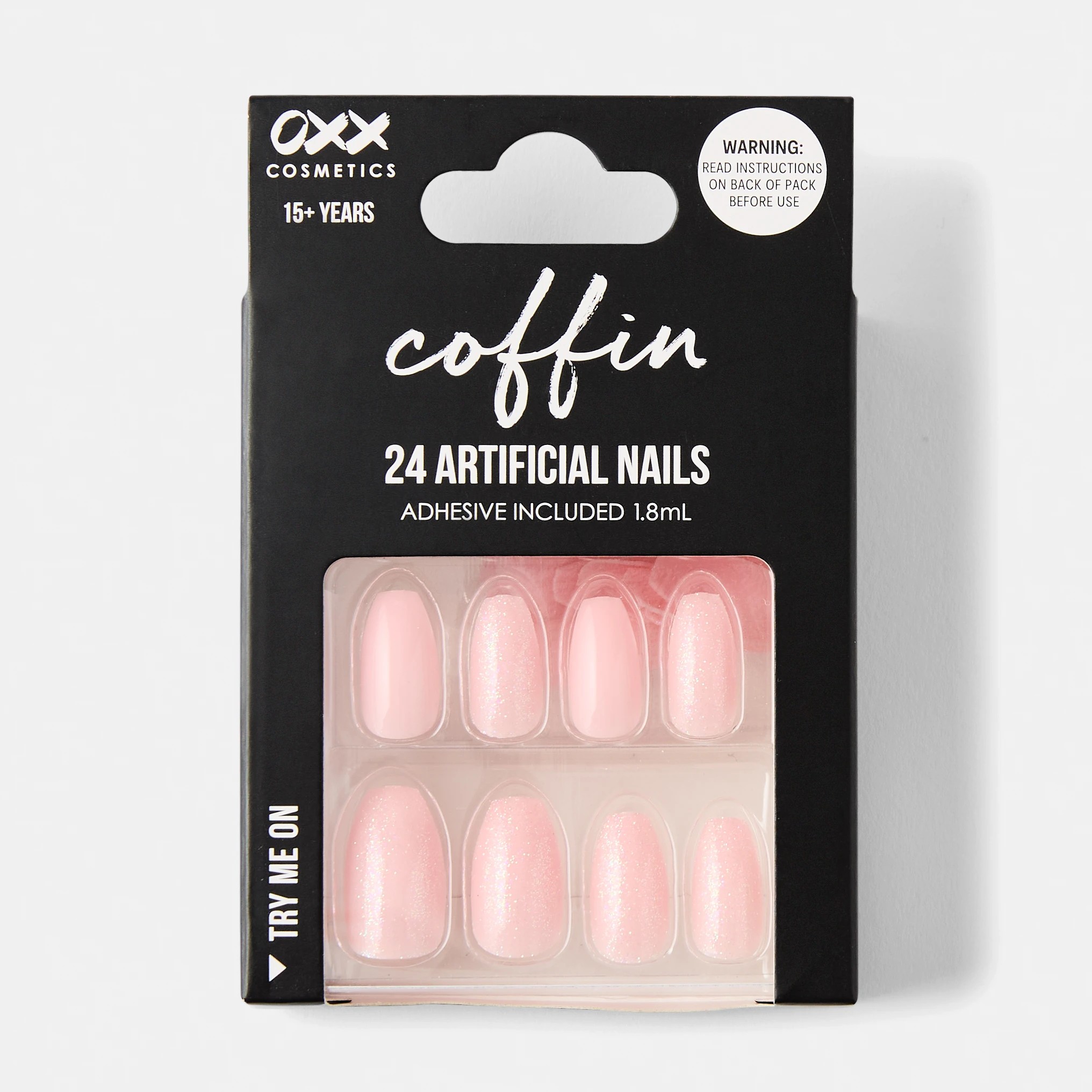 1 OXX Cosmetics 24 Pack Artificial Nails with Adhesive - Coffin Shape, Pink Shimmer, 1 of 5
