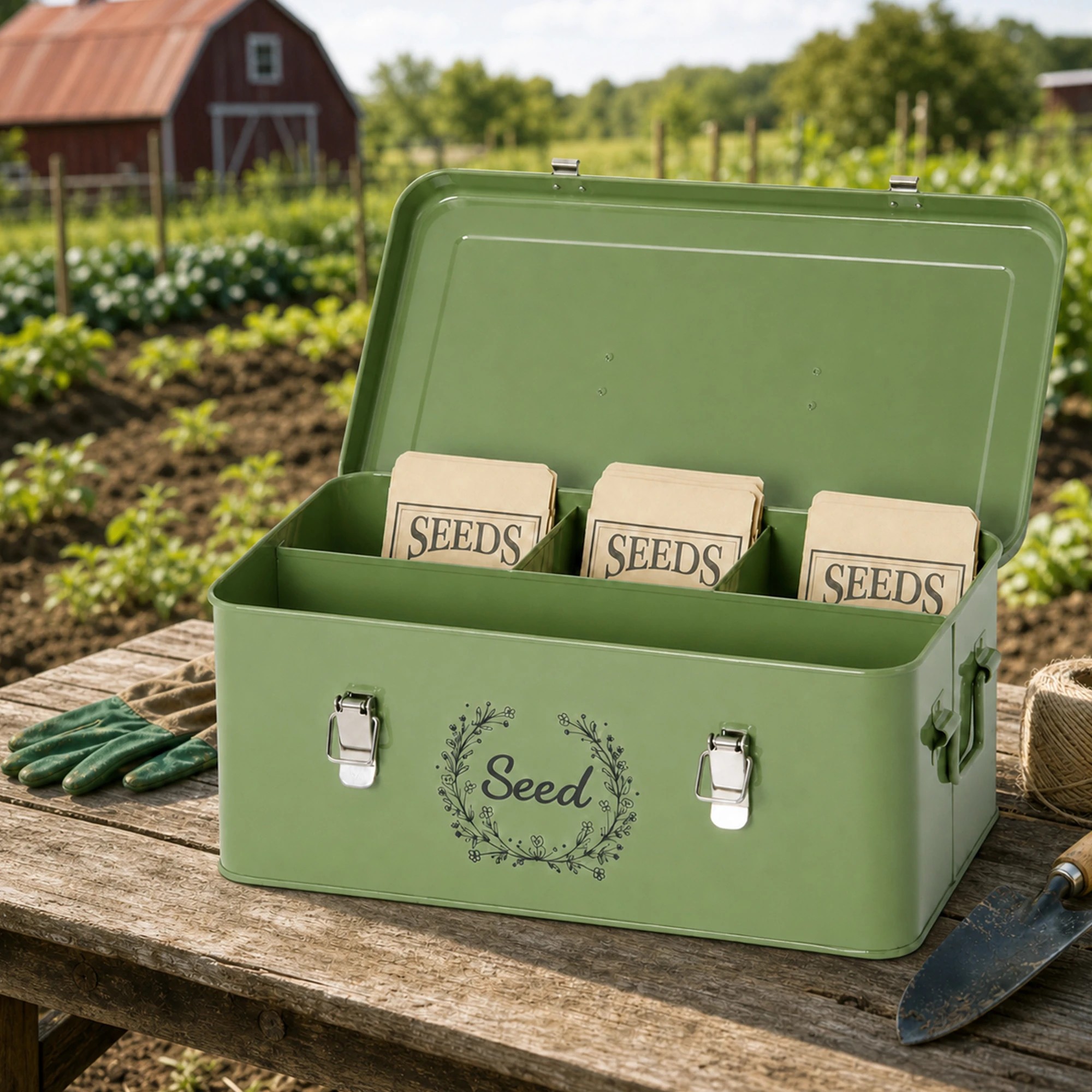 7 Toque Seed Storage Box 4-Compartment Organiser Metal Seed Box Deep Green, 7 of 8