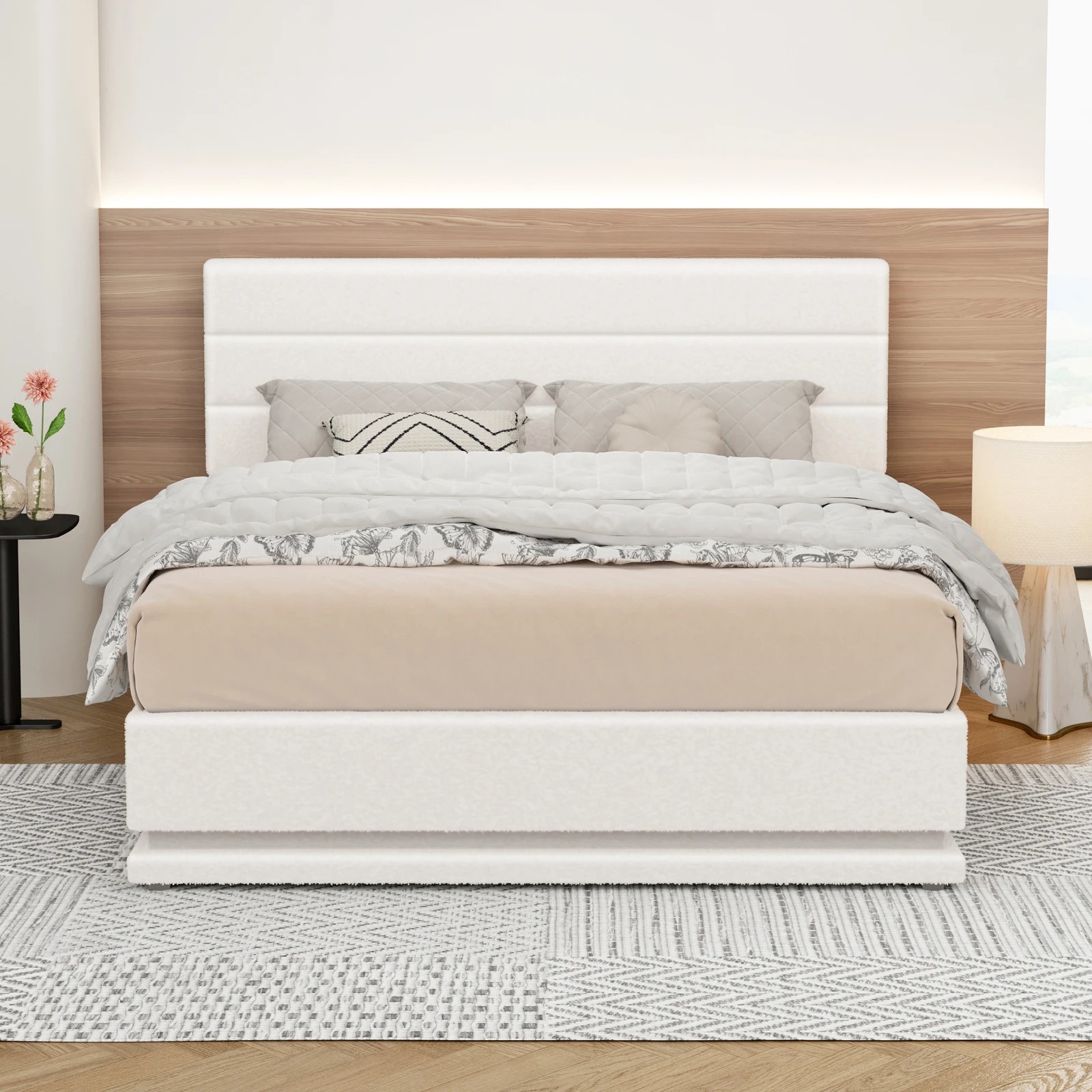 4 Alfordson Bed Frame Double Size Platform RGB LED Gas Lift Base Storage Boucle - White, 4 of 10