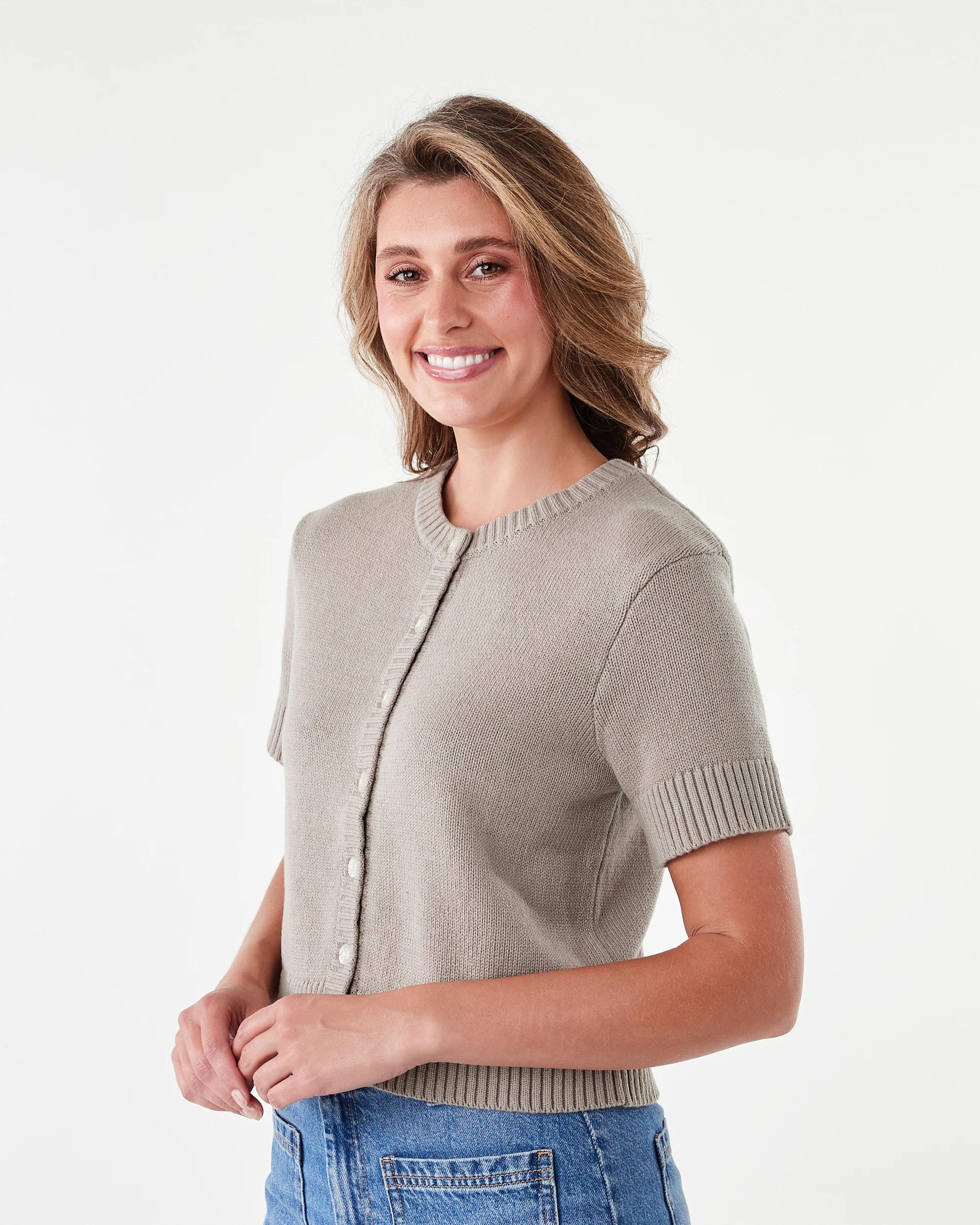 2 Short Sleeve Button Up Cardigan Grey Taupe, 2 of 7