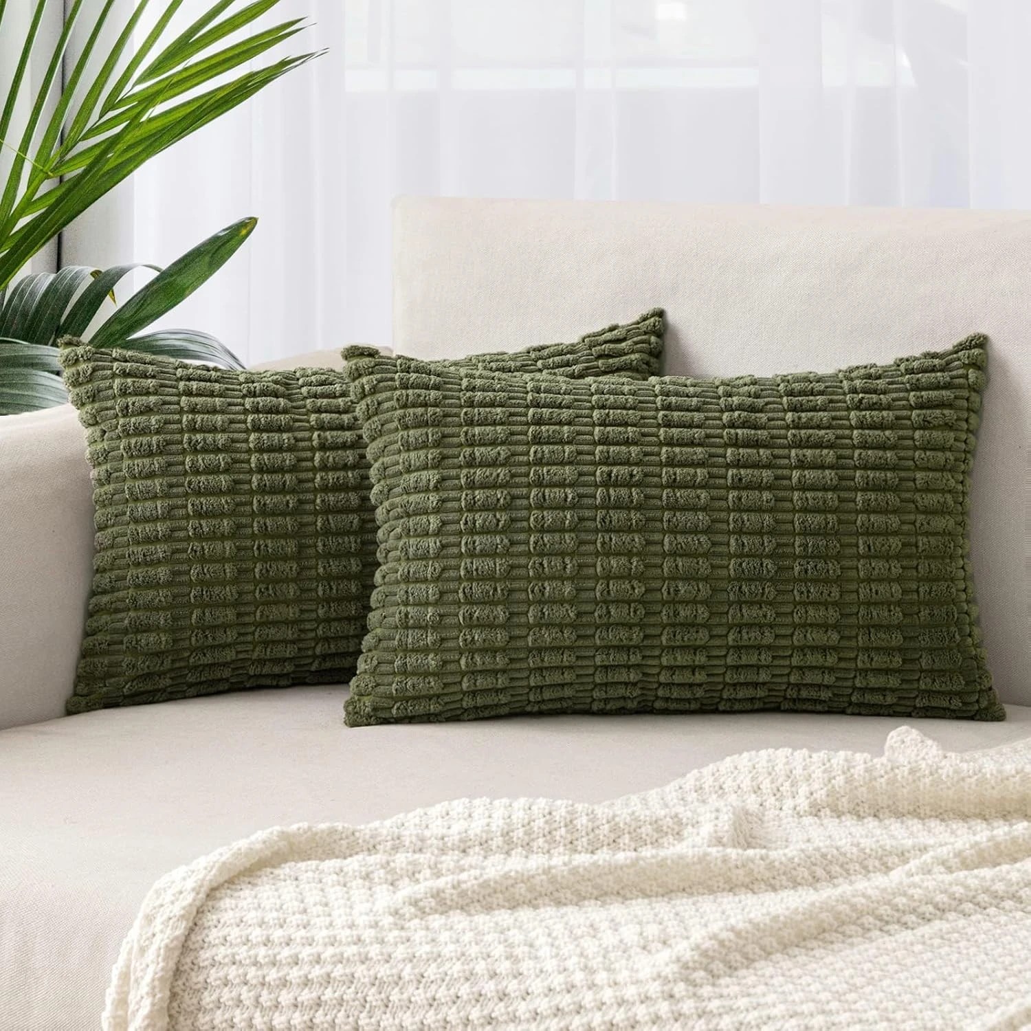 1 Gioia Casa 2-Pack Boho Striped Corduroy Cushion Covers 30x50cm - Olive Green, 1 of 3