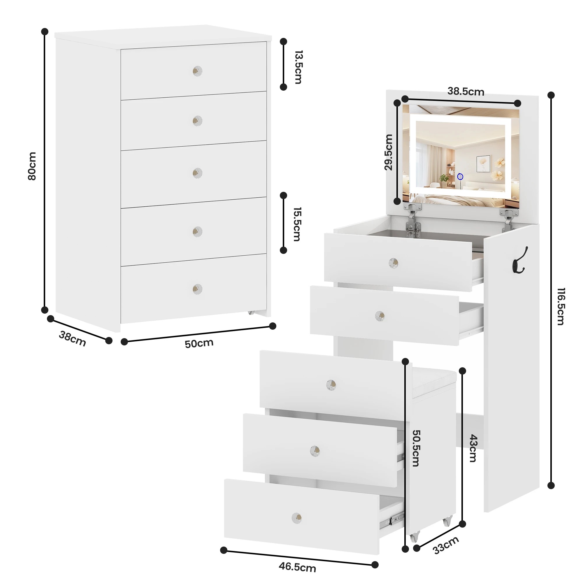 3 Advwin Makeup Vanity Desk w/ Flip Top LED Mirror Glass Desktop 4 Drawers - White, 3 of 10