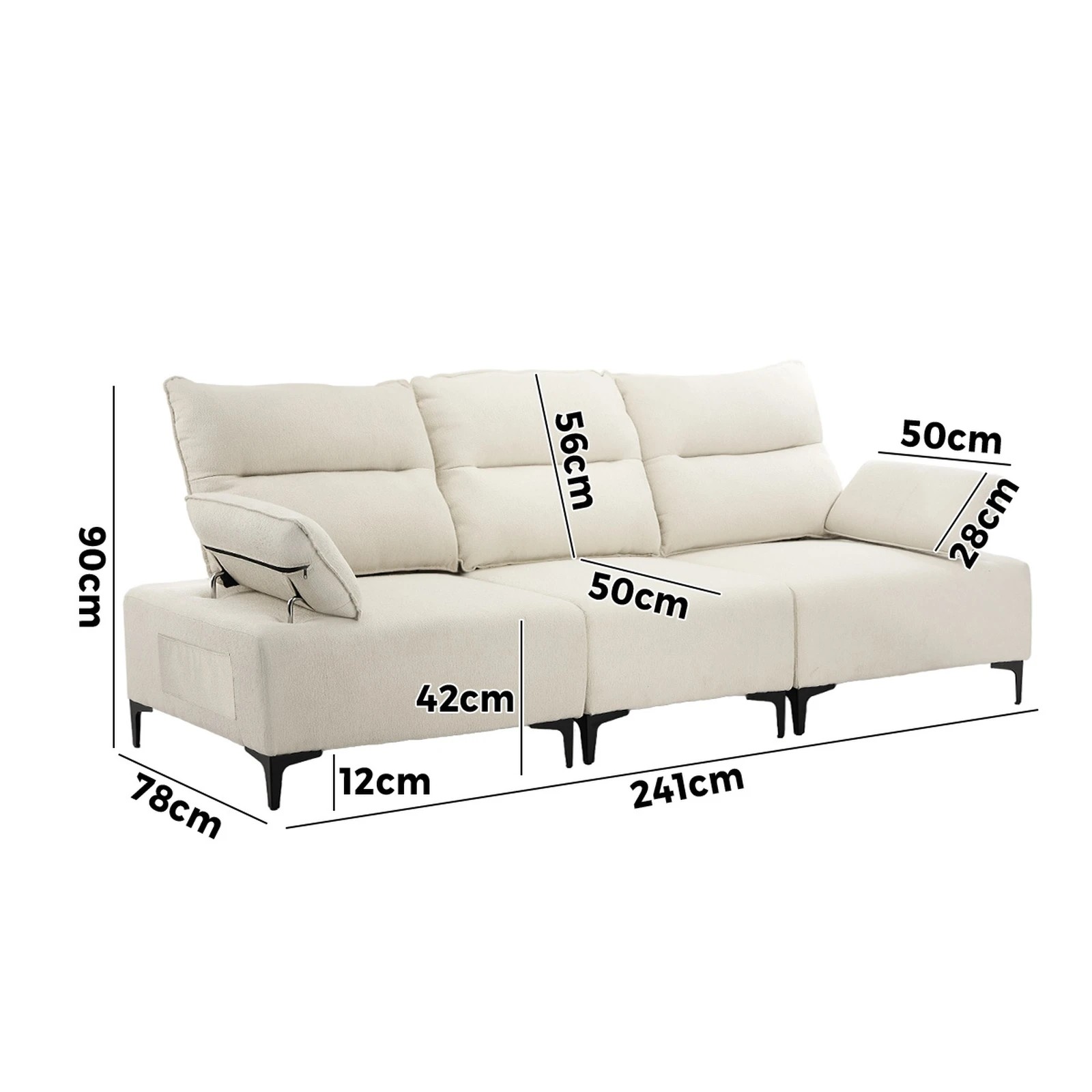 3 Oikiture 3 Seater Couch Sofa Chenille - Beige, 3 of 10