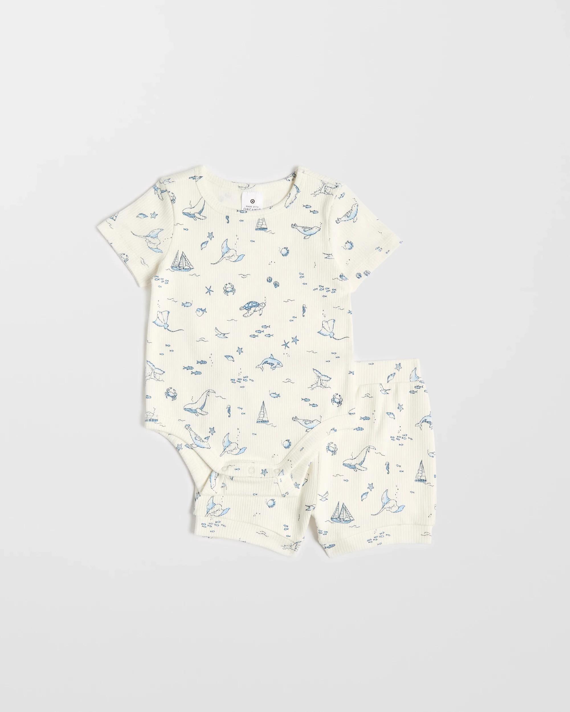 1 Target Baby Organic Cotton Baby Bodysuit and Shorts 2 Piece Set CREAM SEASCAPE, 1 of 3
