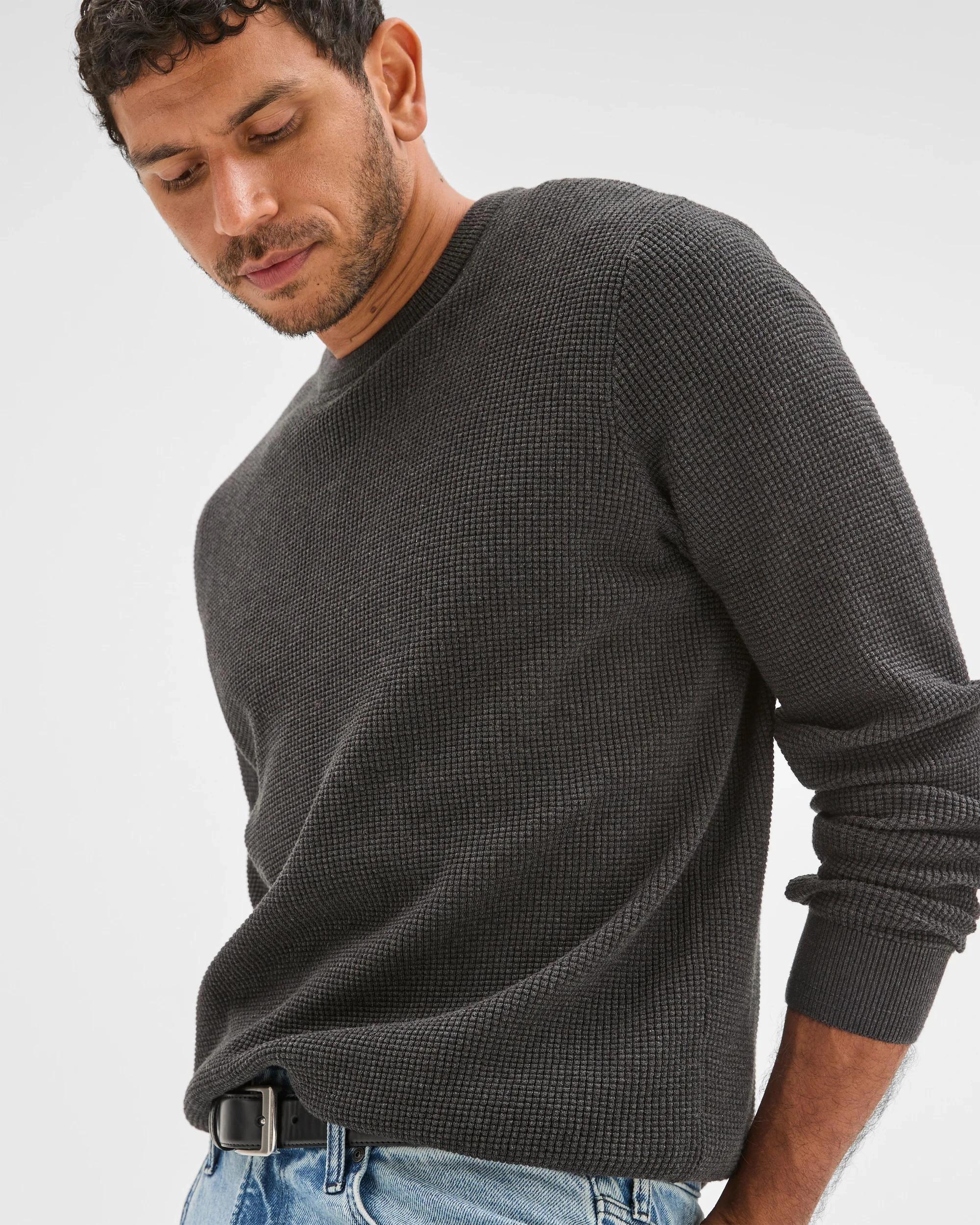 2 Target Man Australian Cotton Lightweight Waffle Knit Crew Neck Jumper BLACK MARLE, 2 of 6