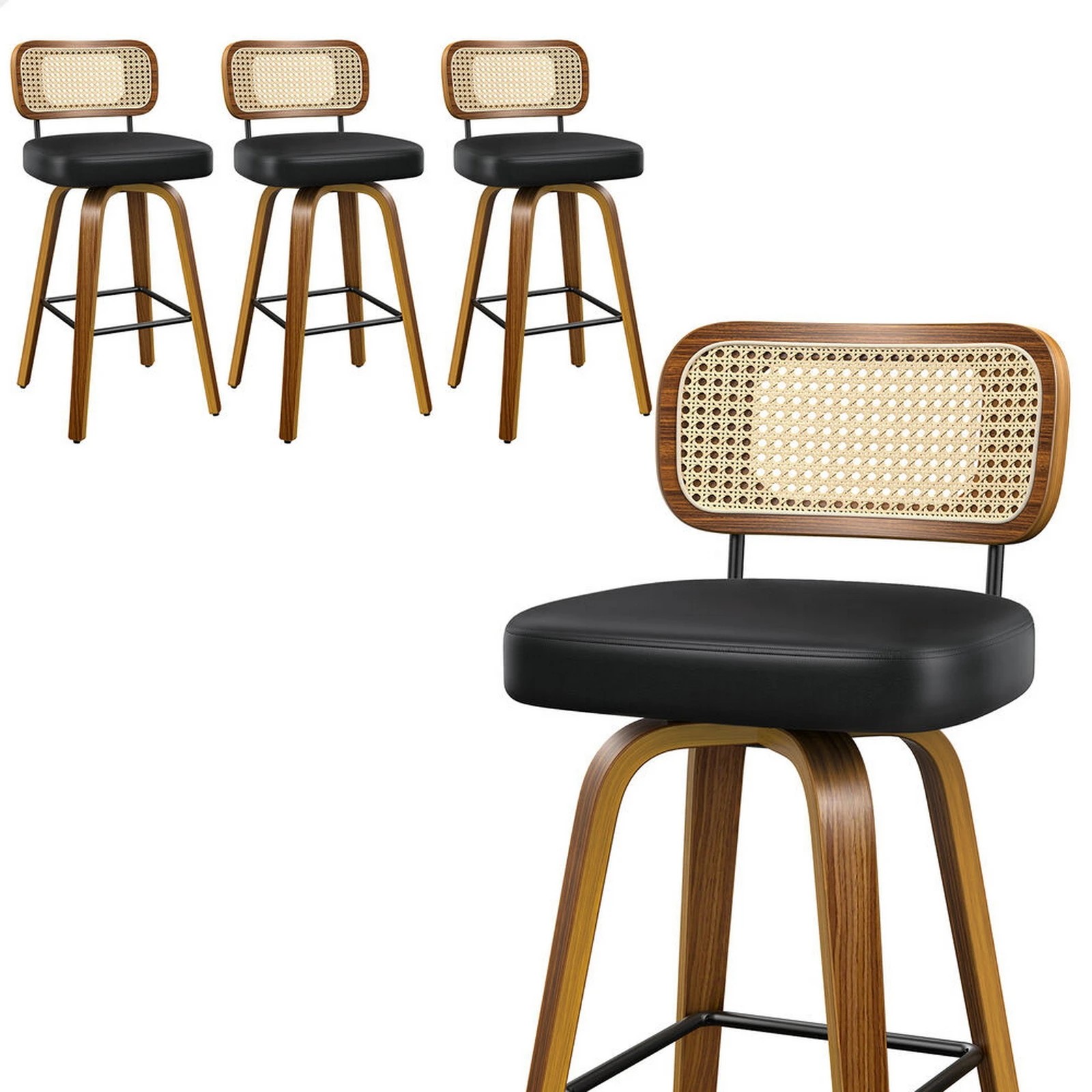 1 Alfordson 4x Bar Stools Kitchen Vintage Leather Seat Rattan Chair - Black, 1 of 9