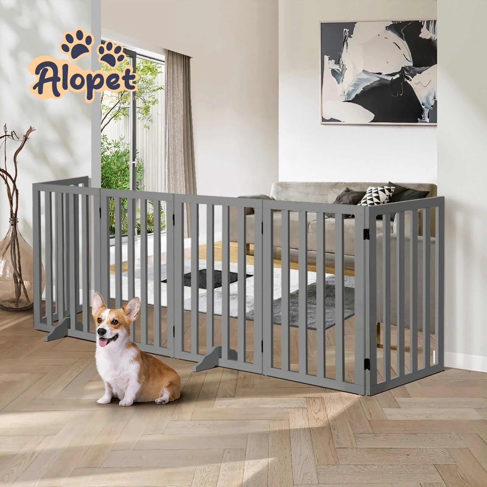 8 Alopet Wooden Pet Gate Dog Fence Grey Safety Stair Barrier Security Door 80cm - Grey, 8 of 10