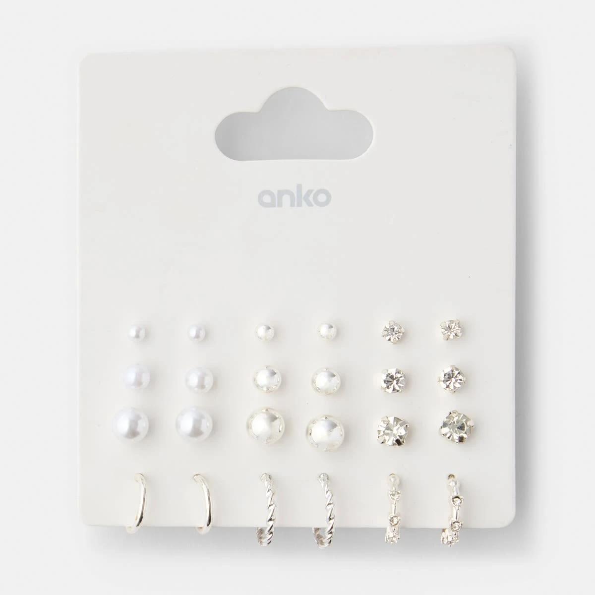 5 12 Pack Diamante Faux Pearl Hoop and Stud Earrings - Silver Tone Silver, 5 of 5