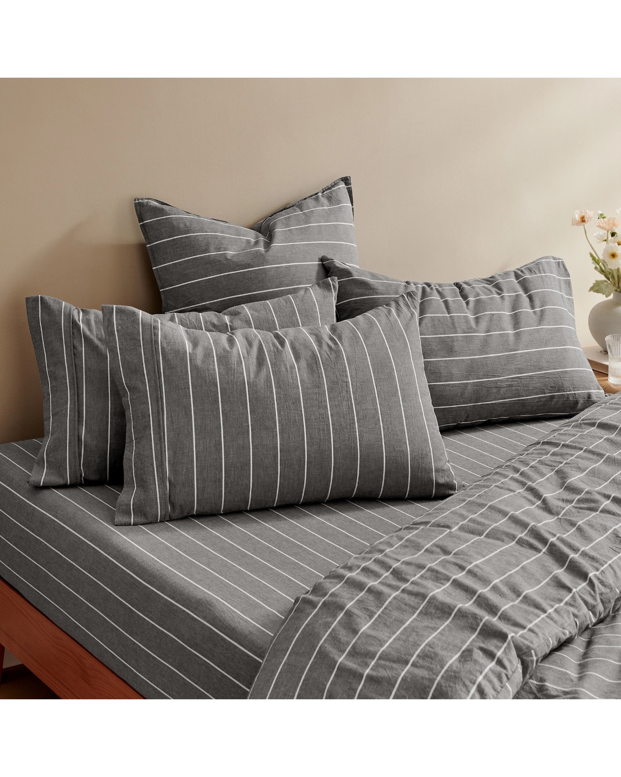 6 Dreamaker Rumi Stripe Washed Cotton Fitted Sheet Set - Single Bed - Graphite with White, 6 of 6