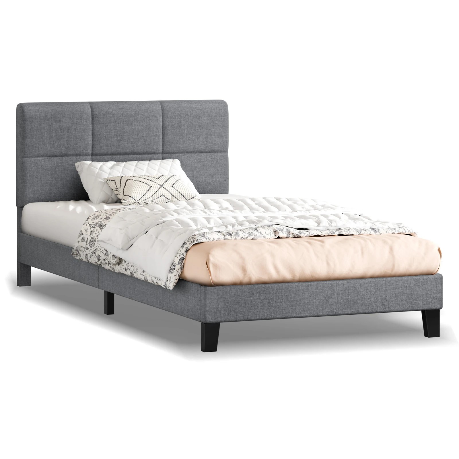 1 Alfordson Bed Frame Single Size Wooden Slats Platform Fabric Paula - Grey, 1 of 9