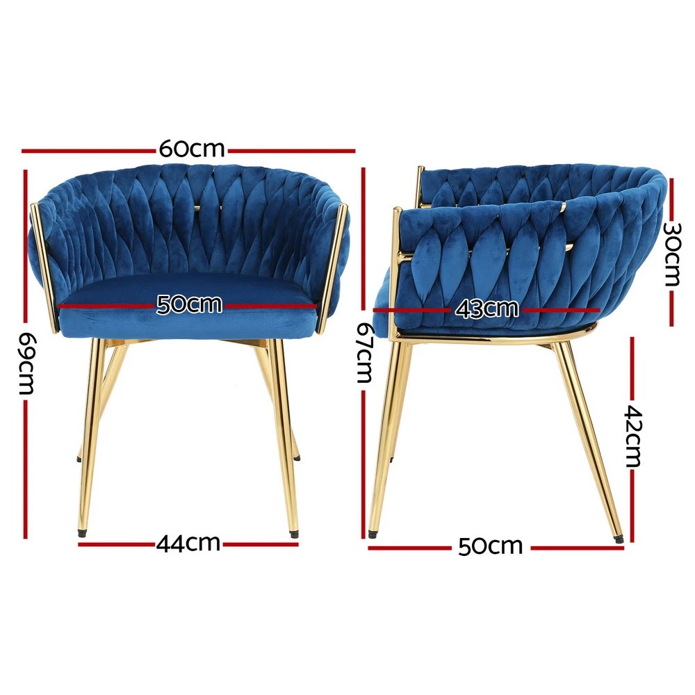 2 Artiss Dining Chair Velvet Weaving Armchair Vanity Chairs - Blue, 2 of 3