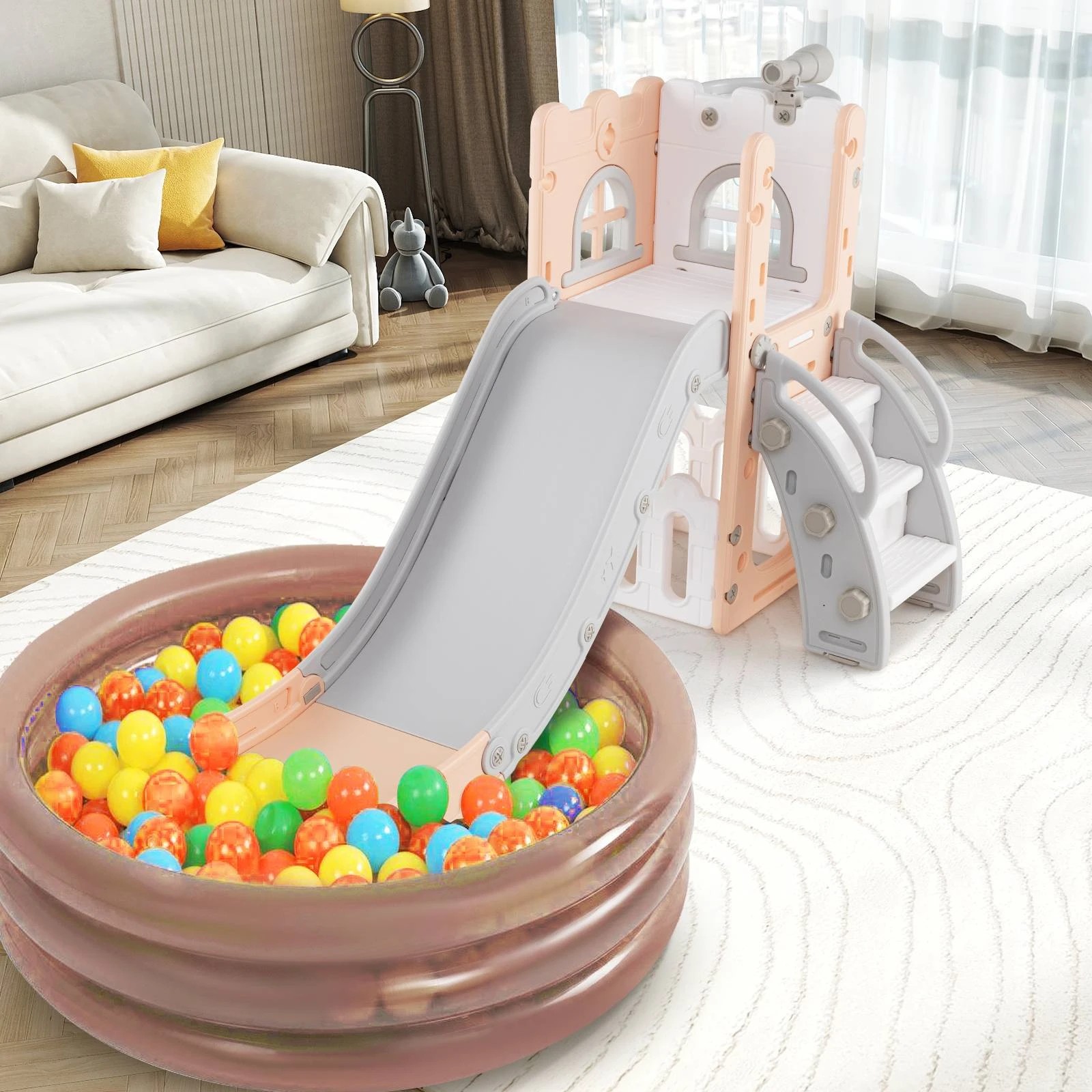 3 Costway 6-in-1 Slide Set w/Basketball Hoop Playset Pink, 3 of 3