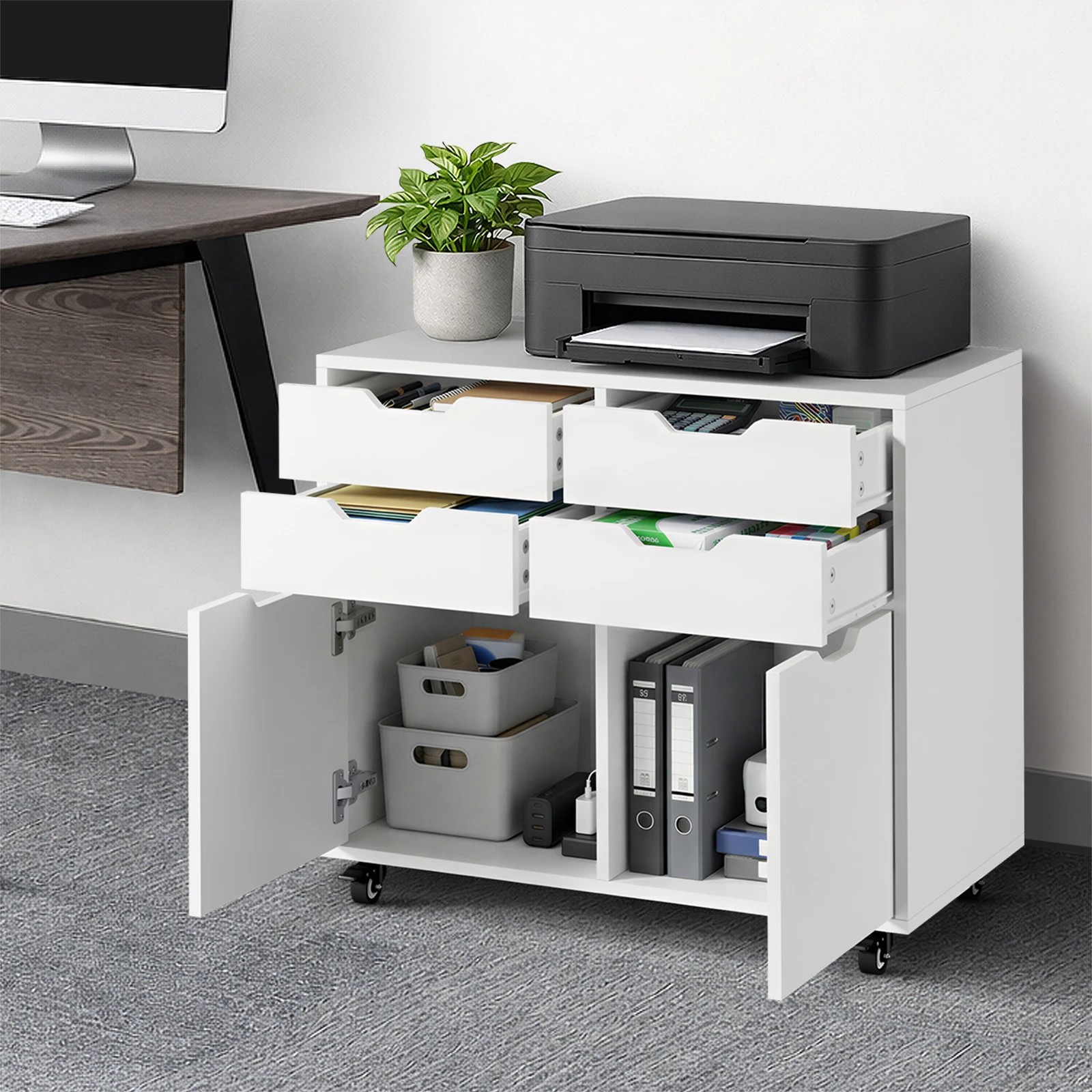 3 Oikiture Filing Cabinet 2 Door 4 Drawer Mobile Office Storage Cabinet - White, 3 of 8