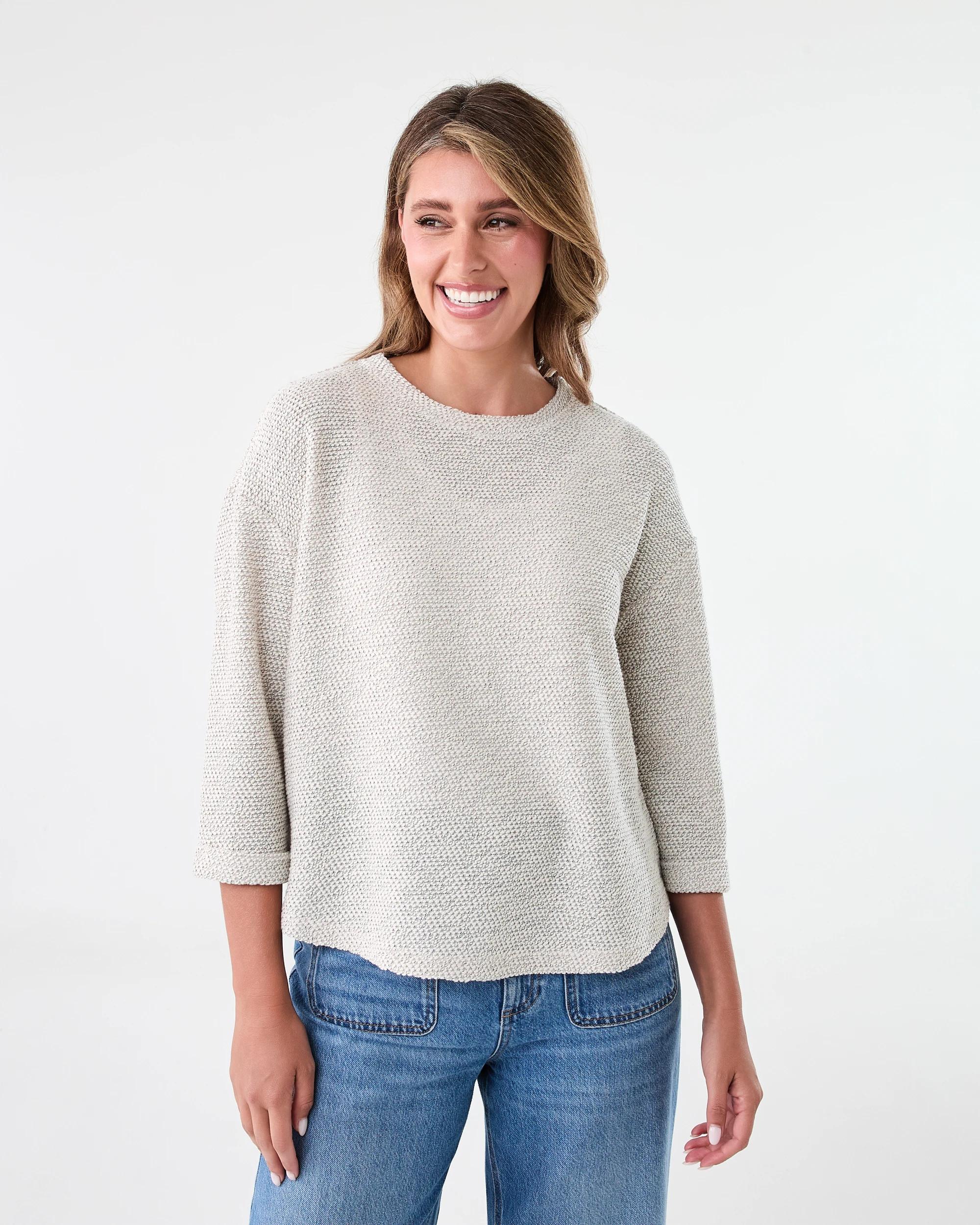 1 Long Sleeve Textured Split Hem Top Nat Beige, 1 of 7