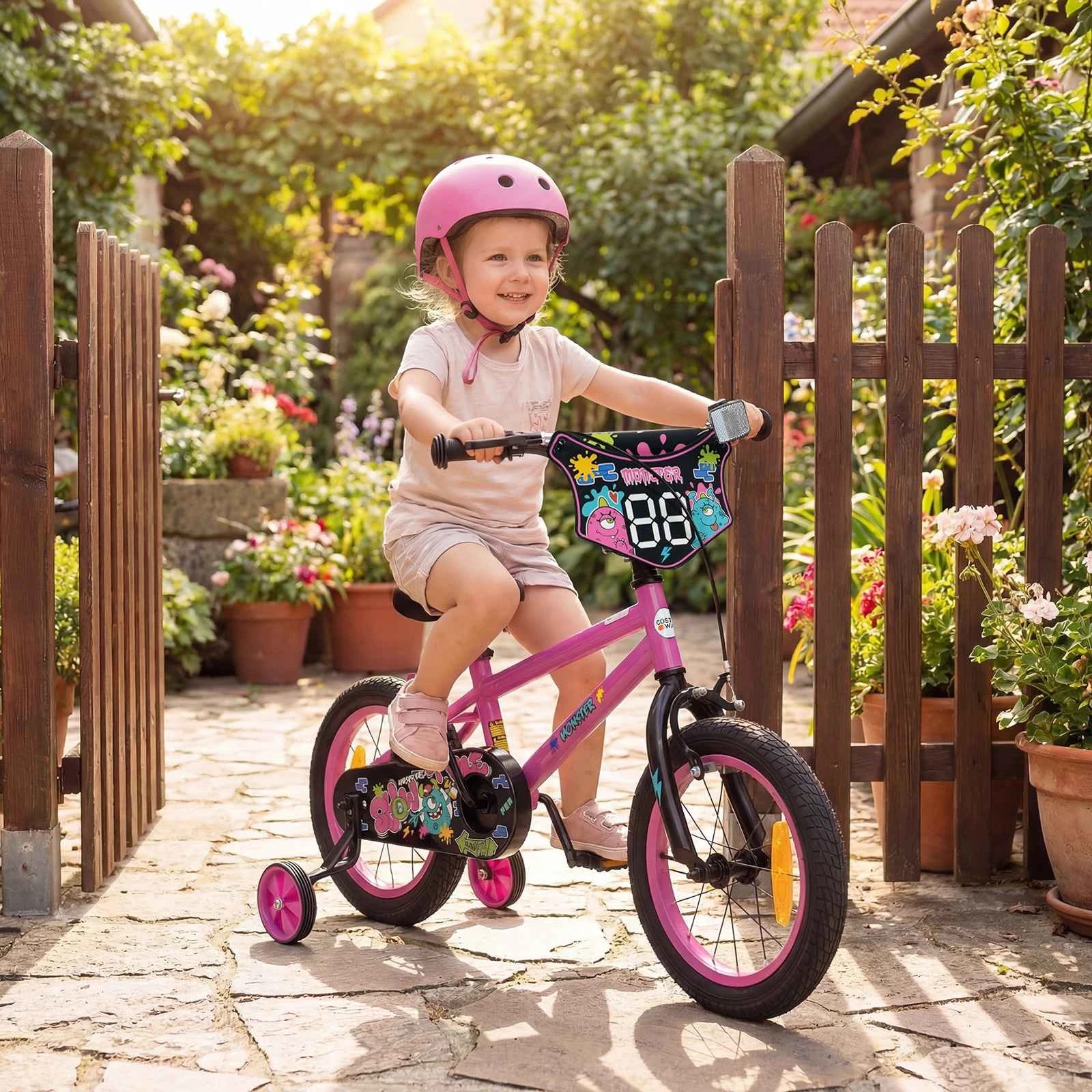 3 Costway 35cm Bike Adjustable Bicycle w/Training Wheels Handbrake Coaster Brake Reflectors - Pink, 3 of 3