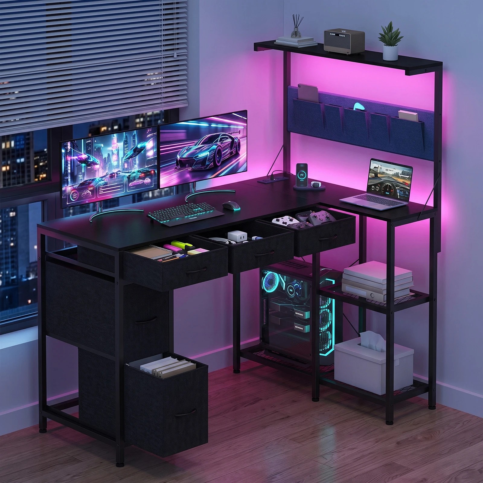 3 Advwin Gaming Desk with Power Outlets Reversible Corner Computer Desk with Storage Shelf Fabric Drawer and Bag - Black, 3 of 6