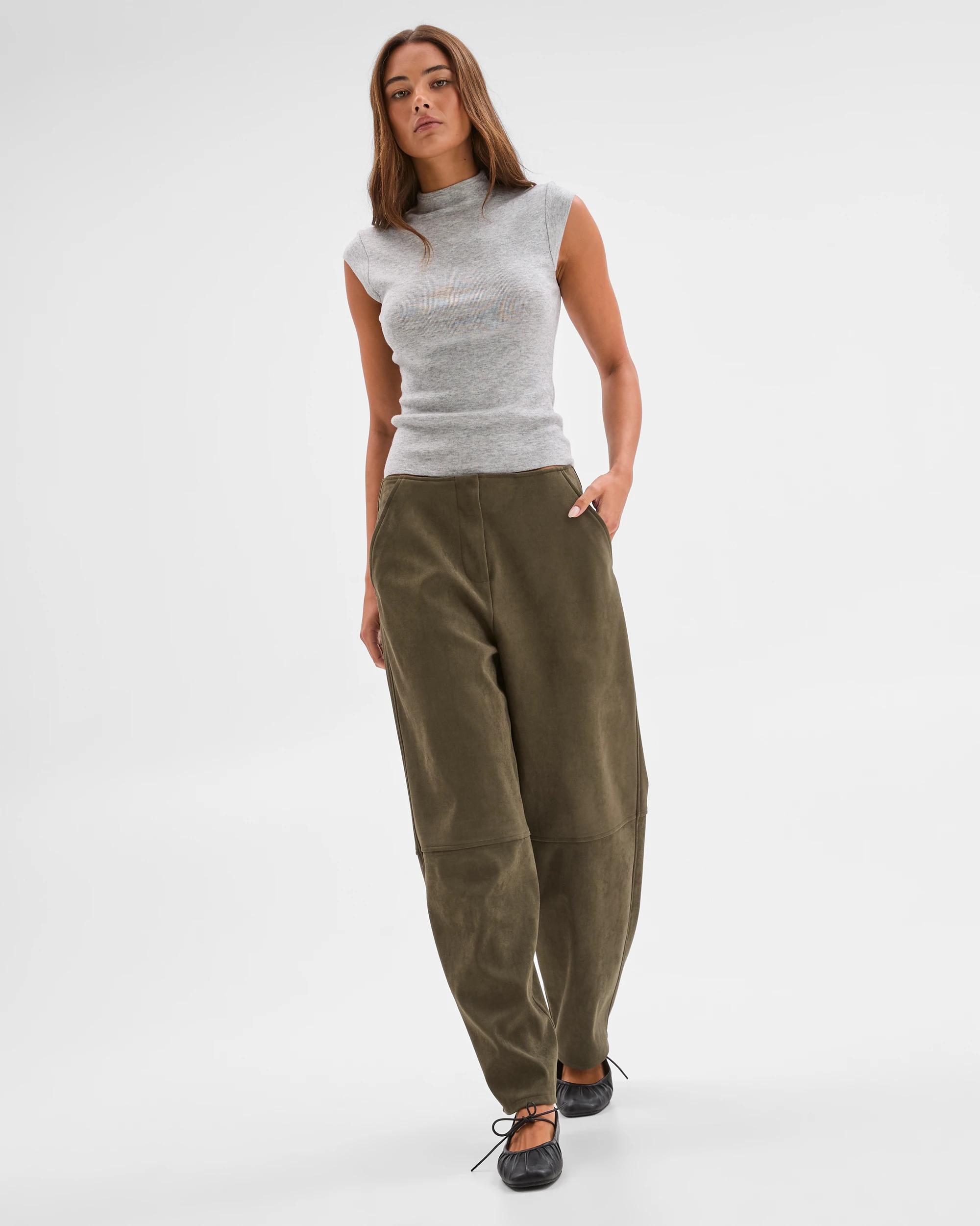 2 Lily Loves Faux Suede Barrel Leg Pants ARMY GREEN, 2 of 6