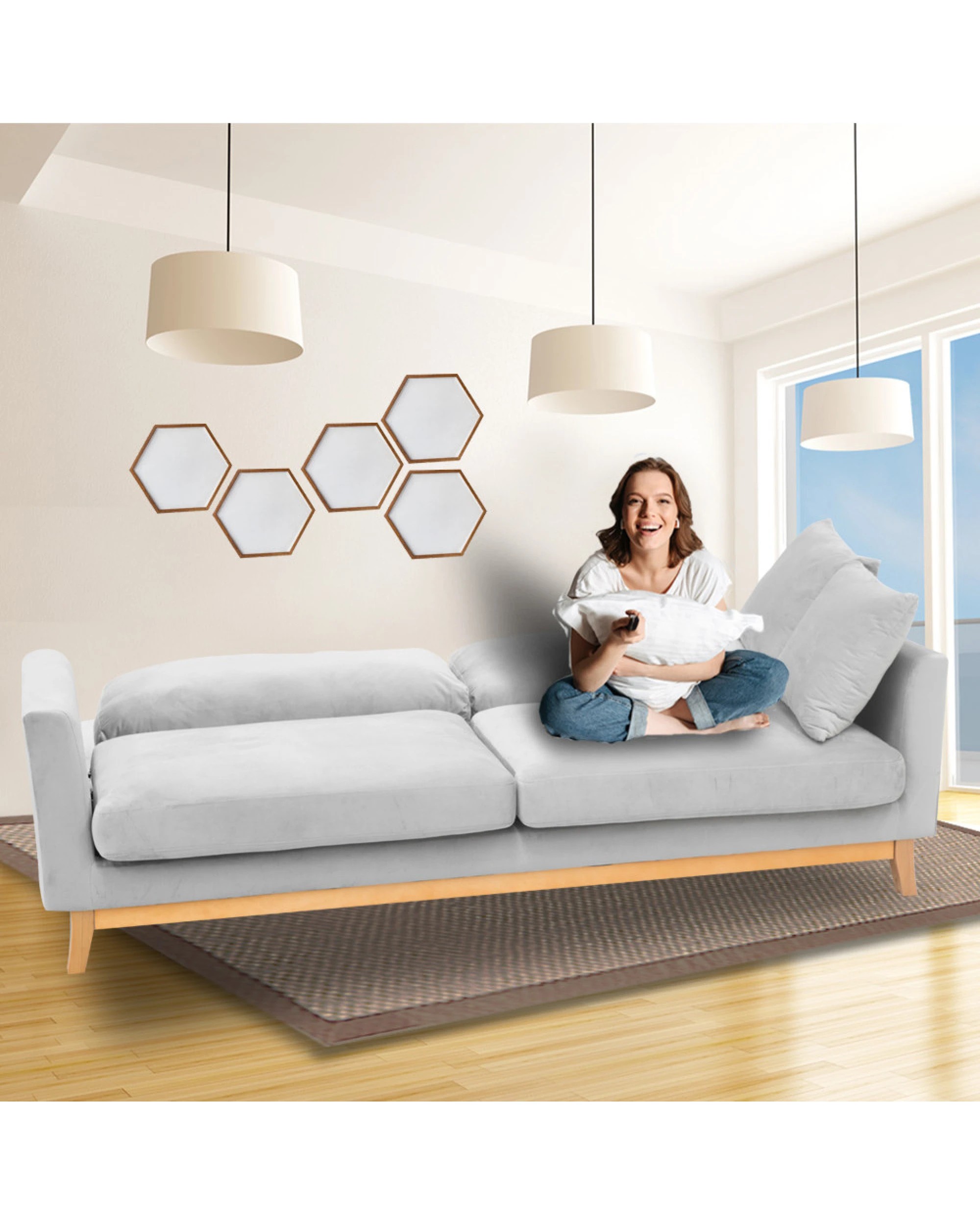 3 Sarantino 3 Seater Faux Velvet Sofa Bed Couch Furniture - Grey, 3 of 9