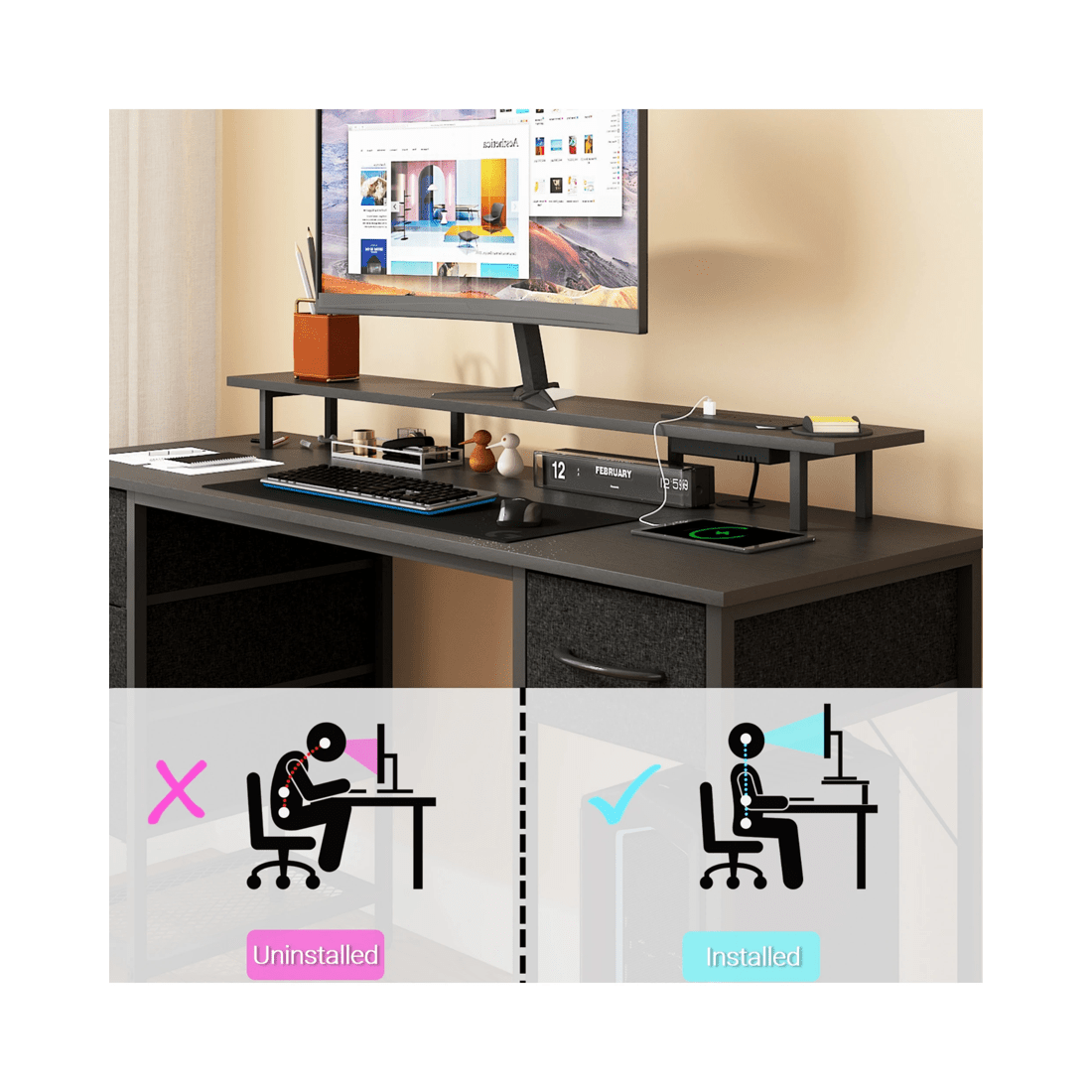 5 Advwin 137cm Black Computer Desk With Led Lights Power Outlets Gaming Desk, 5 of 9