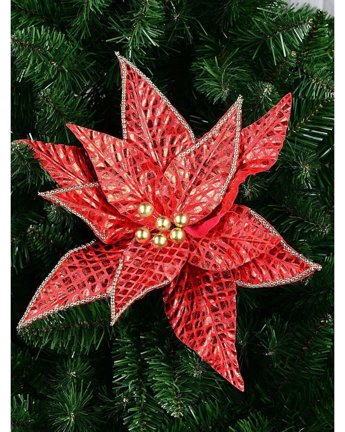 Christmas Warehouse Shiny Red Grid Pattern & Gold Beads Poinsettia ...