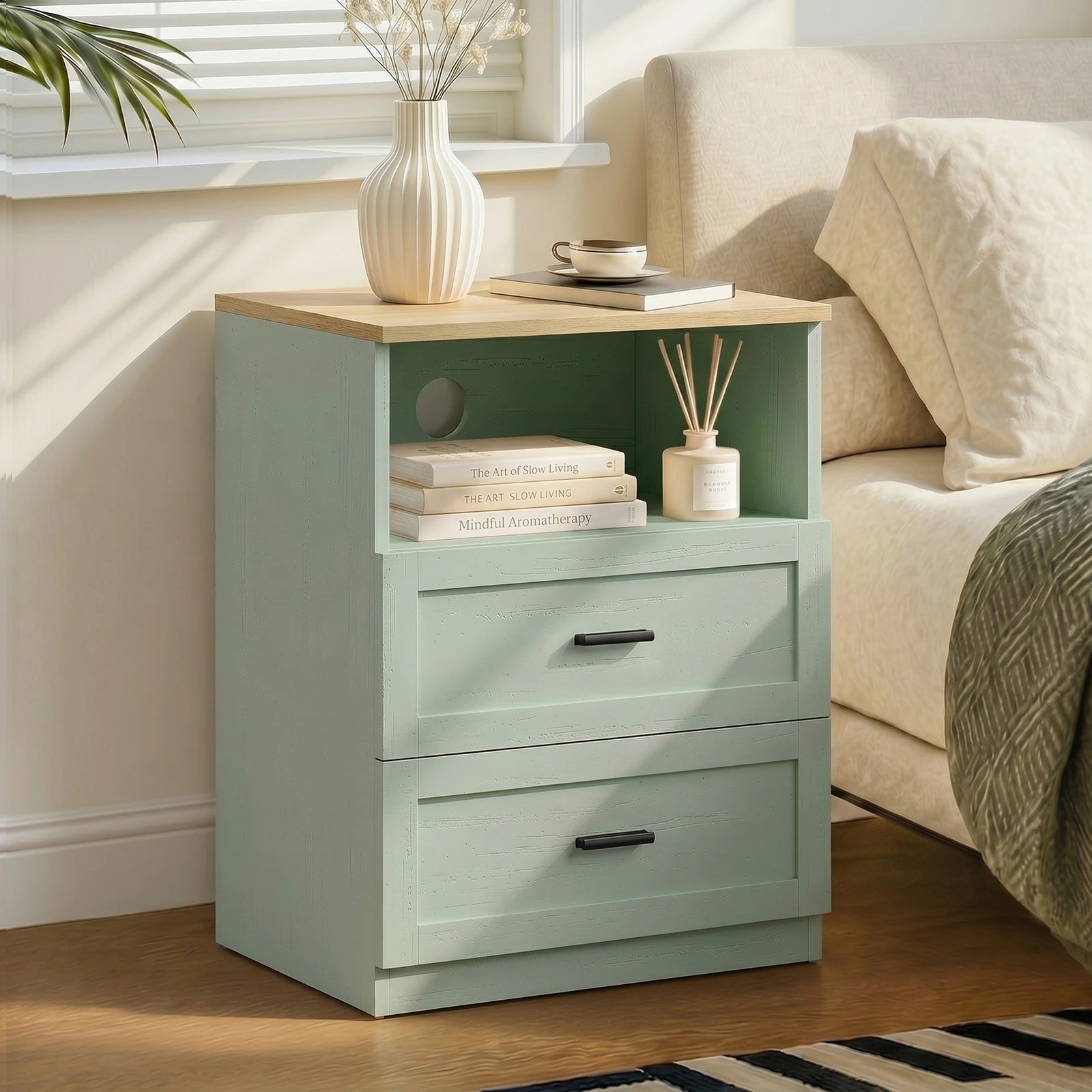 3 Oikiture Bedside Table 2 Drawers Open Shelf Nightstand Storage - Green, 3 of 8