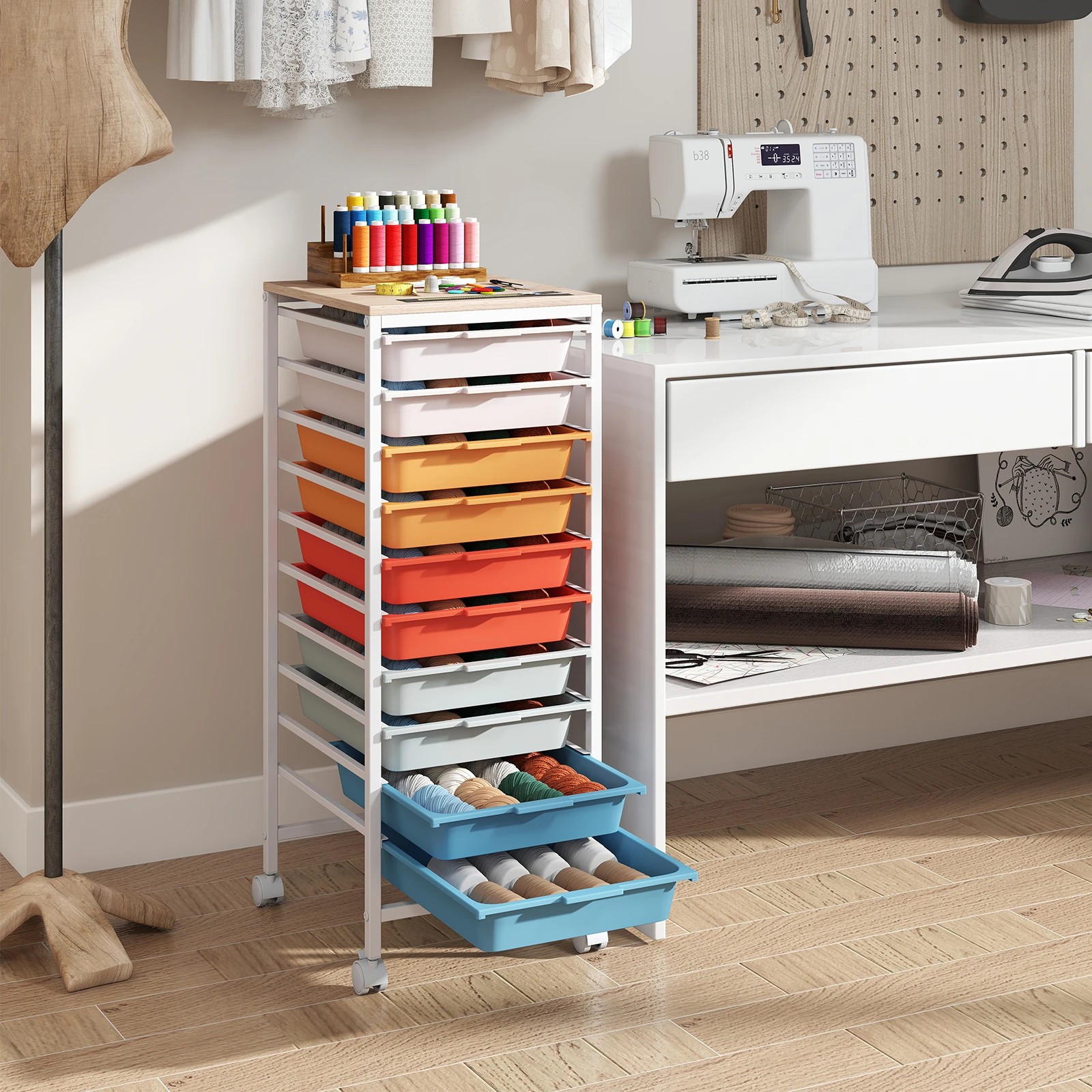 3 Costway 10-Drawer Rolling Storage Cart Mobile Utility Organizer w/Wooden Tabletop - Multi, 3 of 6