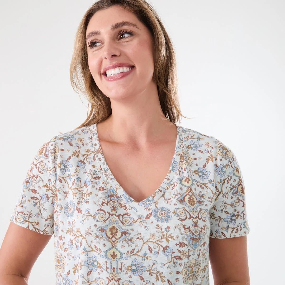 4 Short Sleeve Linen Blend V-Neck T-shirt BOHO FLORAL BRUNI BLUE, 4 of 5