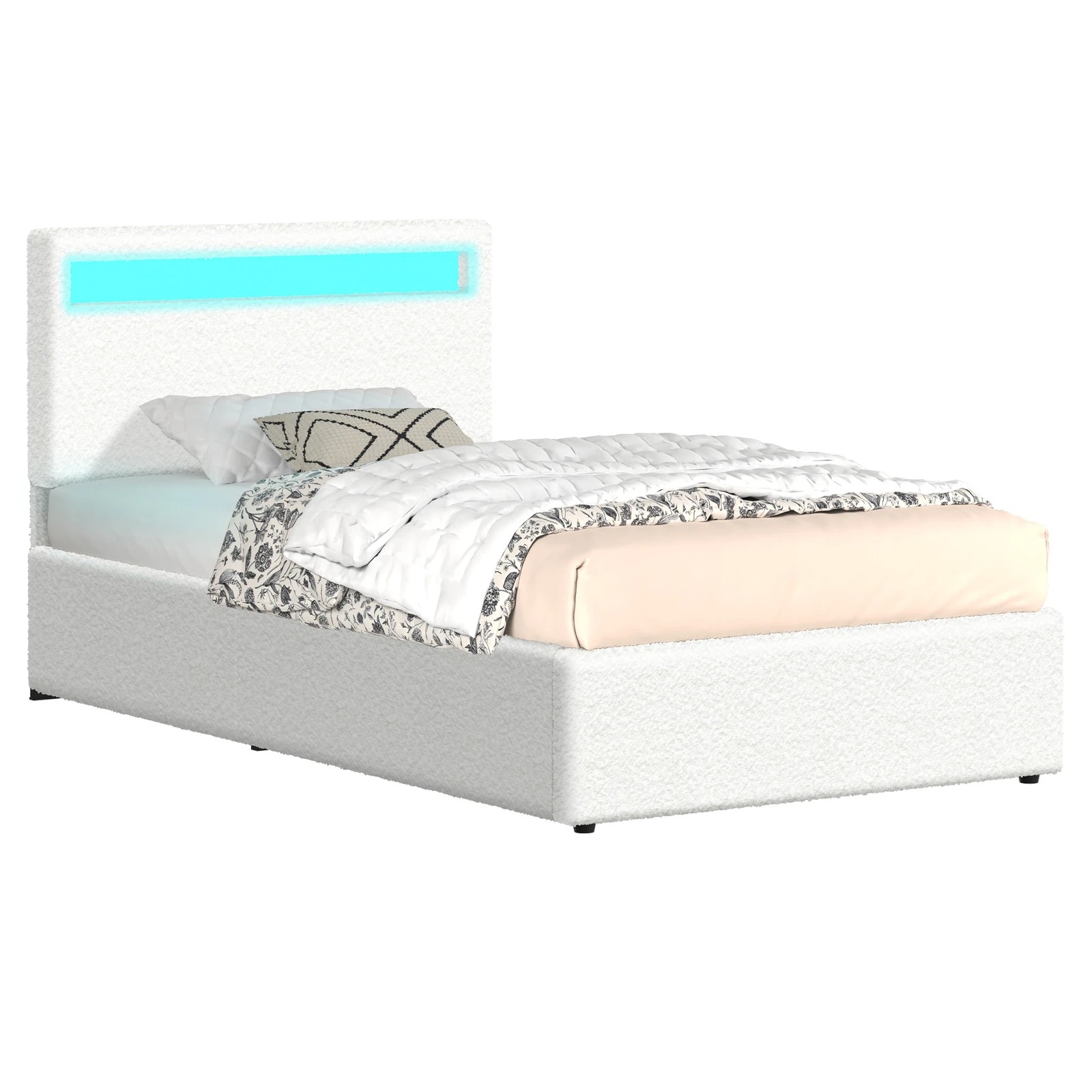 1 Alfordson Bed Frame King Single RGB LED Gas Lift Storage Base Boucle Luchino - White, 1 of 10