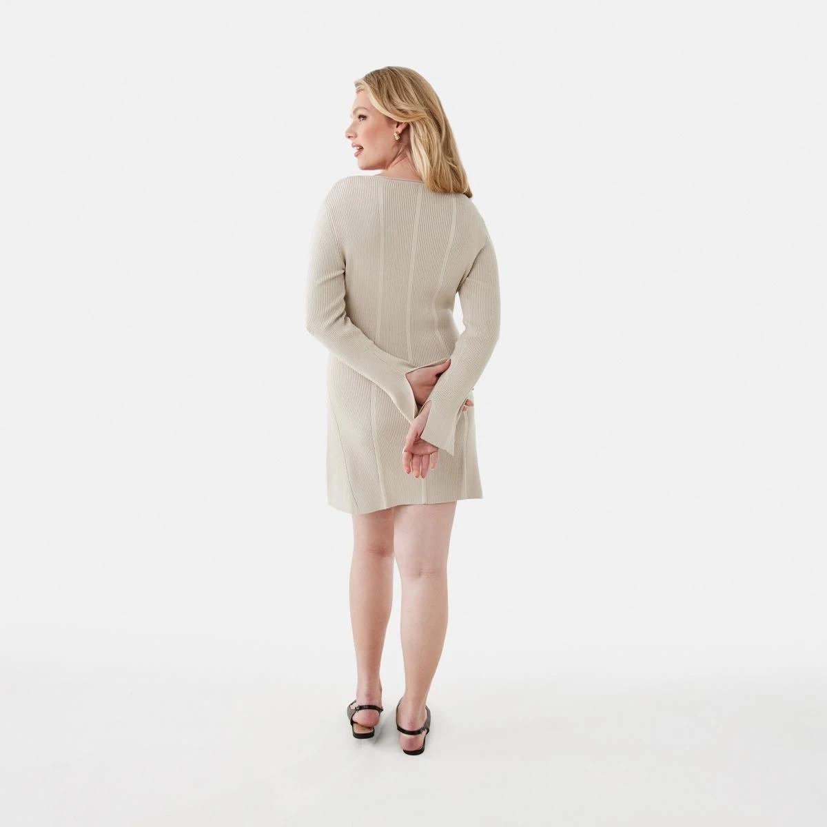 4 Long Sleeve Scoop Knit Skater Mini Dress Bone Beige, 4 of 10