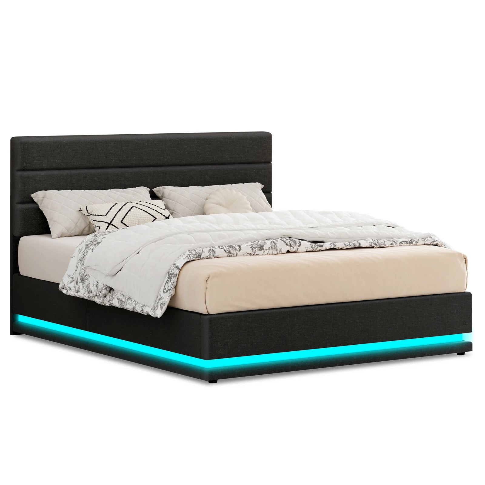 1 Alfordson Bed Frame Double Size Platform RGB LED Gas Lift Storage Base - Charcoal, 1 of 10
