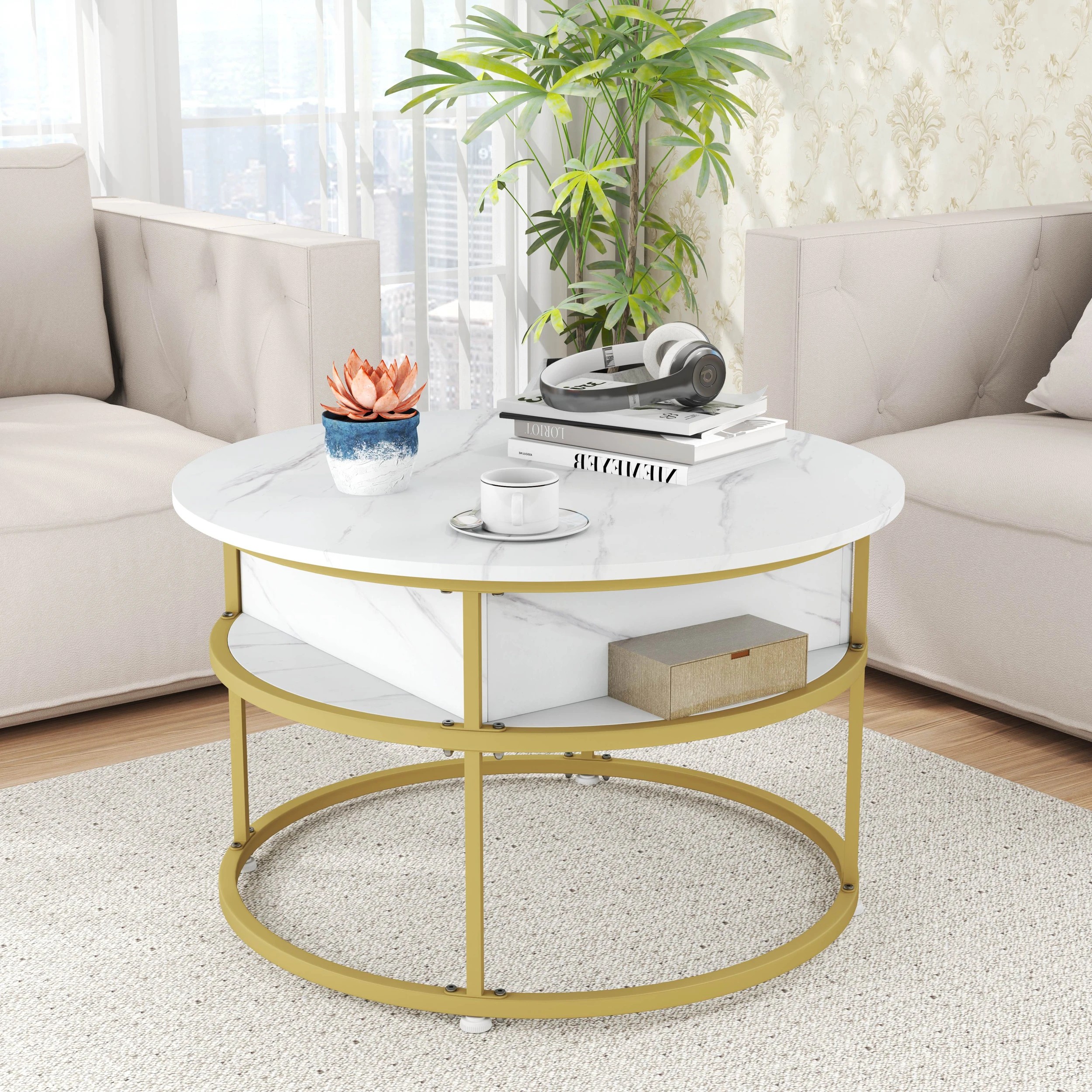 2 Costway Lift Top Coffee Table 2-Tier Round Center Cocktail Table w/Hidden Compartment, 2 of 4
