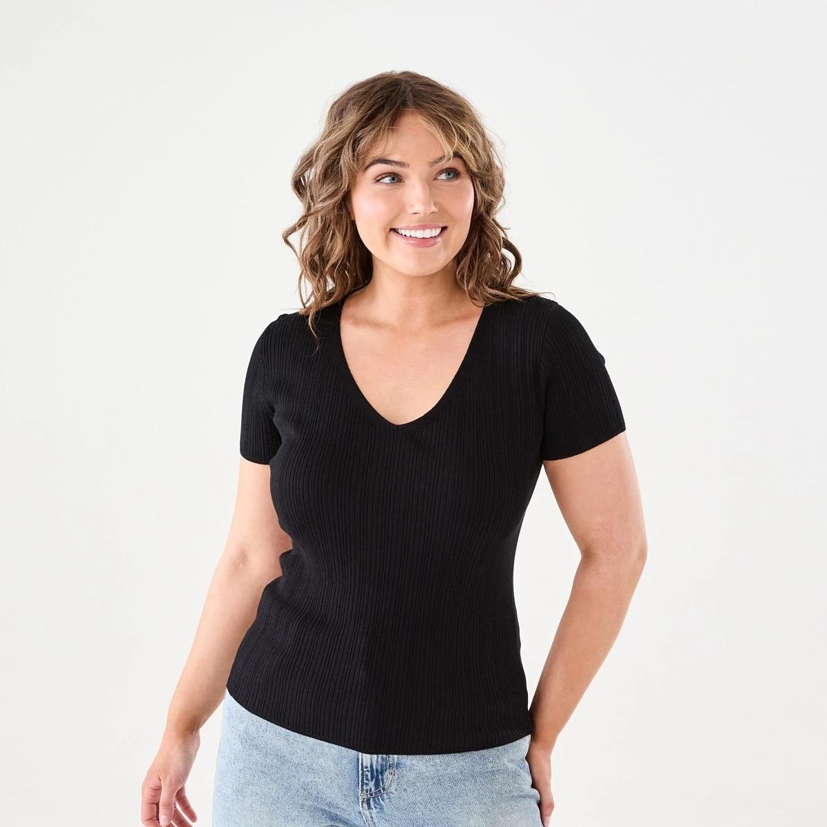 1 Short Sleeve True Knit V-Neck Rib Top BLACK, 1 of 5