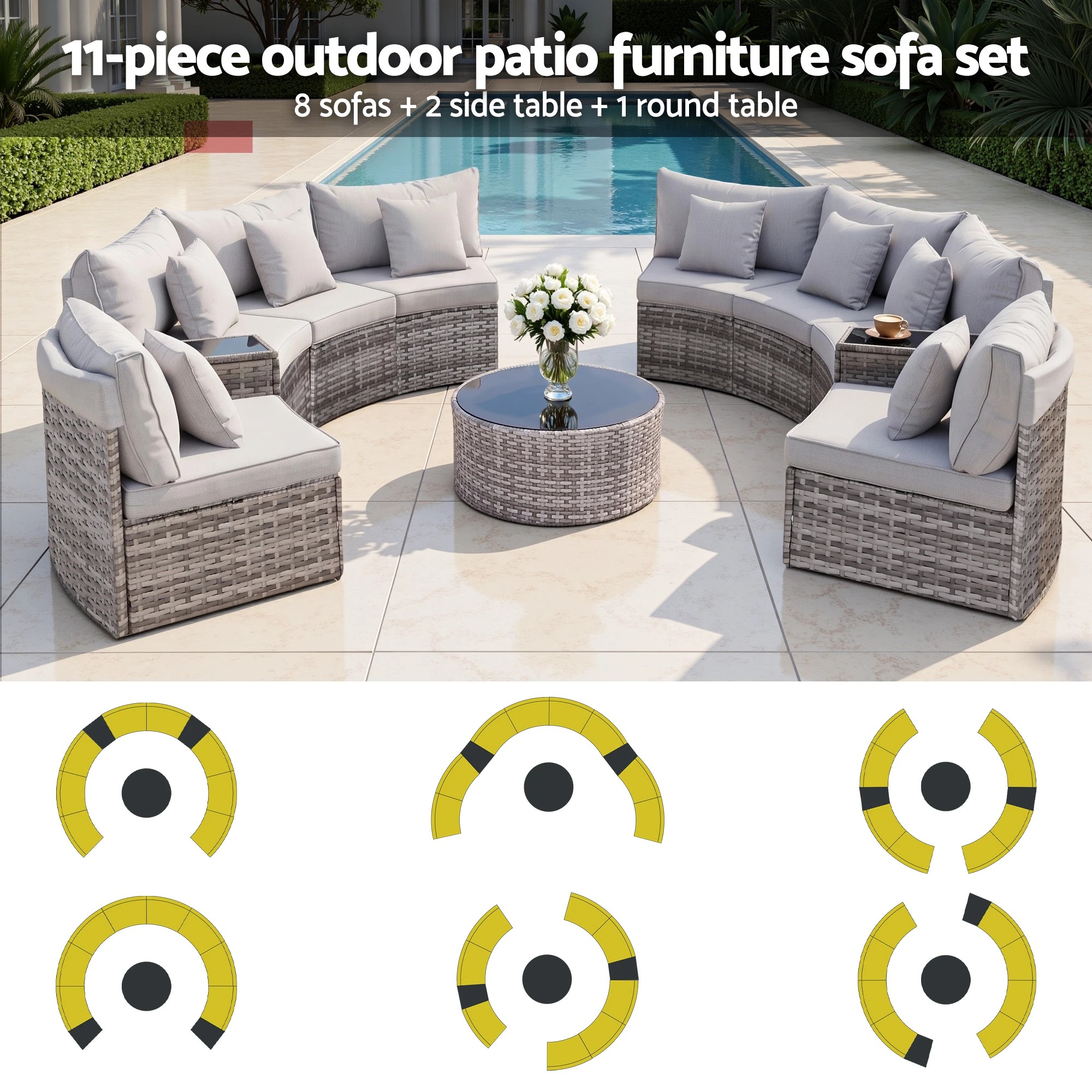 5 Gardeon 8 Seater Outdoor Sofa Set 11PCS Round Table Chair Set Garden Rattan Patio Furniture - Grey, 5 of 7