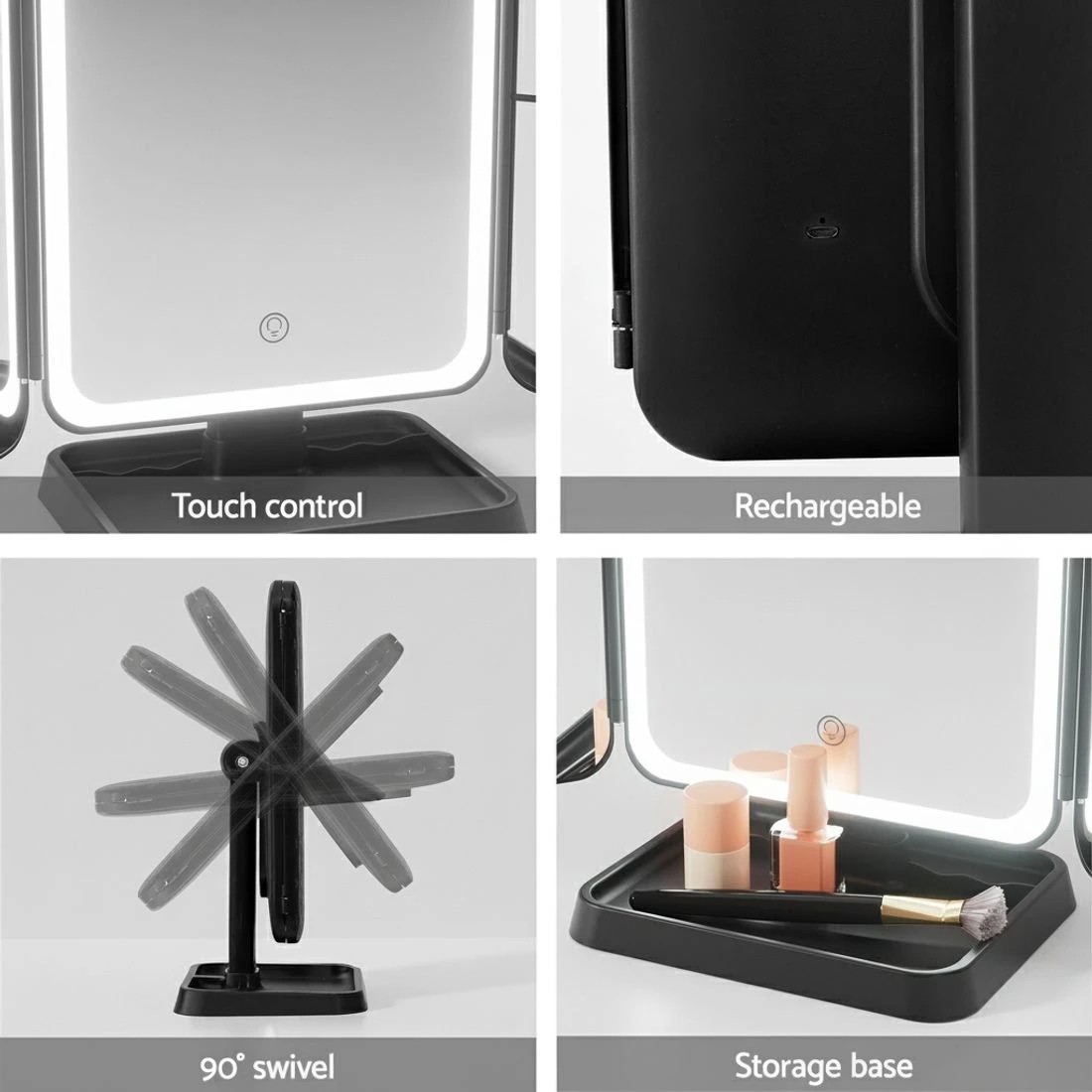 6 Embellir LED Makeup Mirror Tri-fold Lighted Vanity Mirrors 1X2X3X Magnifications - Black, 6 of 6