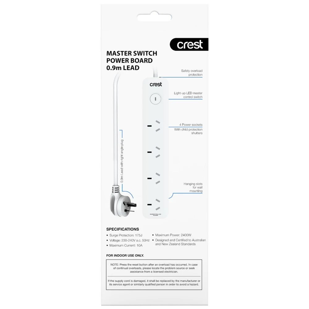 3 Crest 4 Socket Master Switch Surge Powerboard 0.9M, 3 of 3