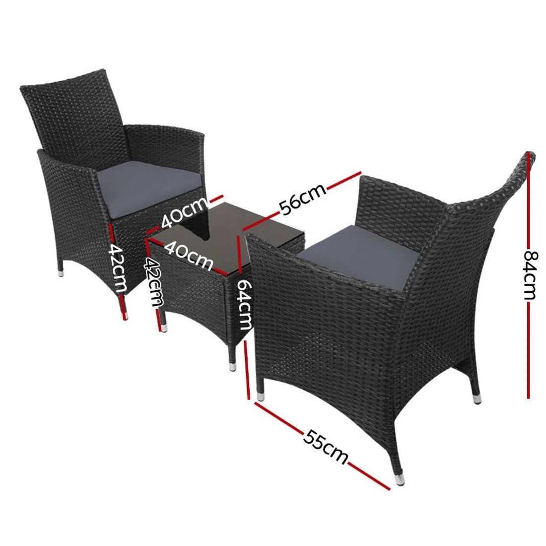 2 Gardeon 3PC Outdoor Bistro Set Patio Furniture Wicker Chairs Table Cushion - Black, 2 of 7