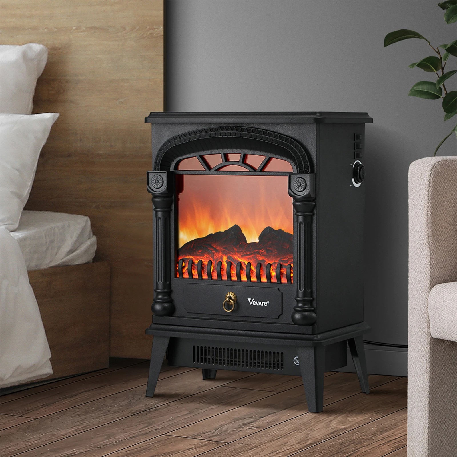 3 Vevare Electric Fireplace Heater Freestanding Indoor 3D Flame Effect 2000W - Black, 3 of 9