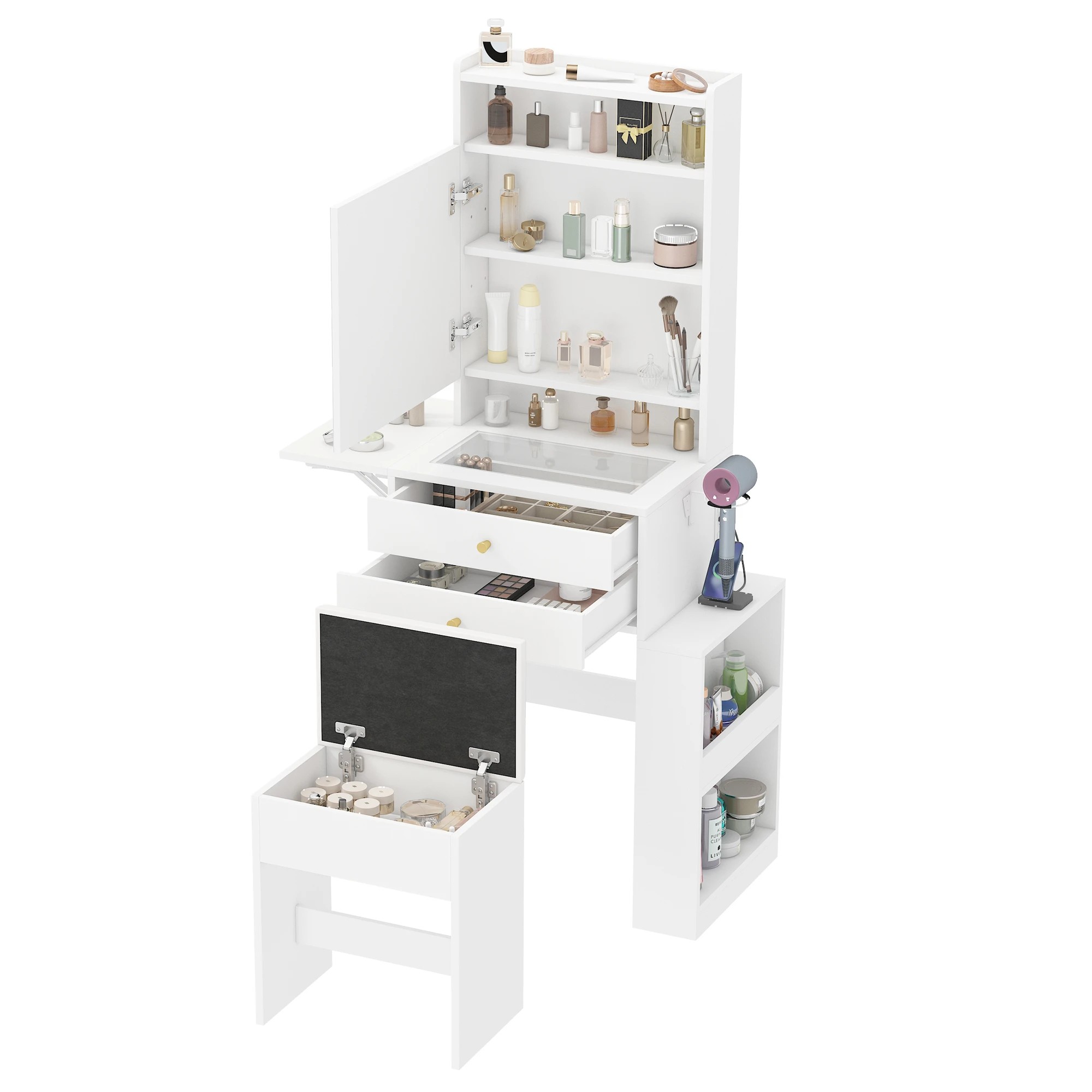 4 Advwin Dressing Table Stool w/ Glass Desktop Side Storage & Charging Station - White, 4 of 10