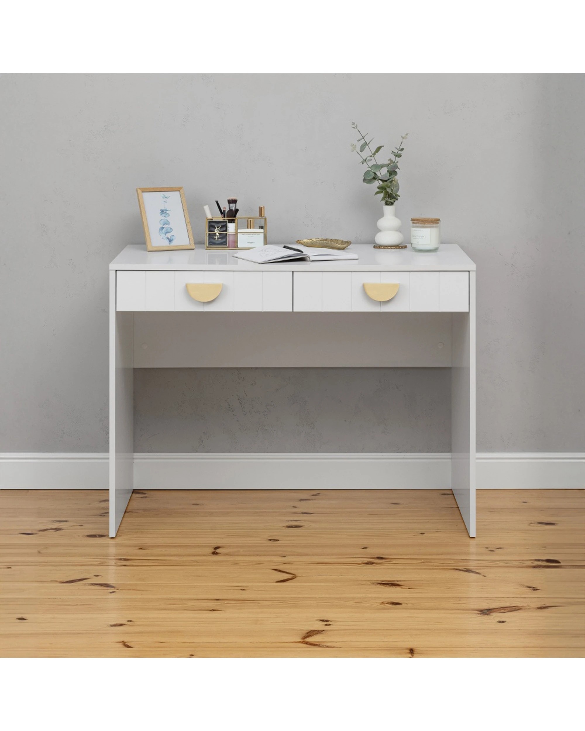 2 European Cabinetry Odessa VJ Panel Furniture Desk Brass Half Moon Handle - White, 2 of 2