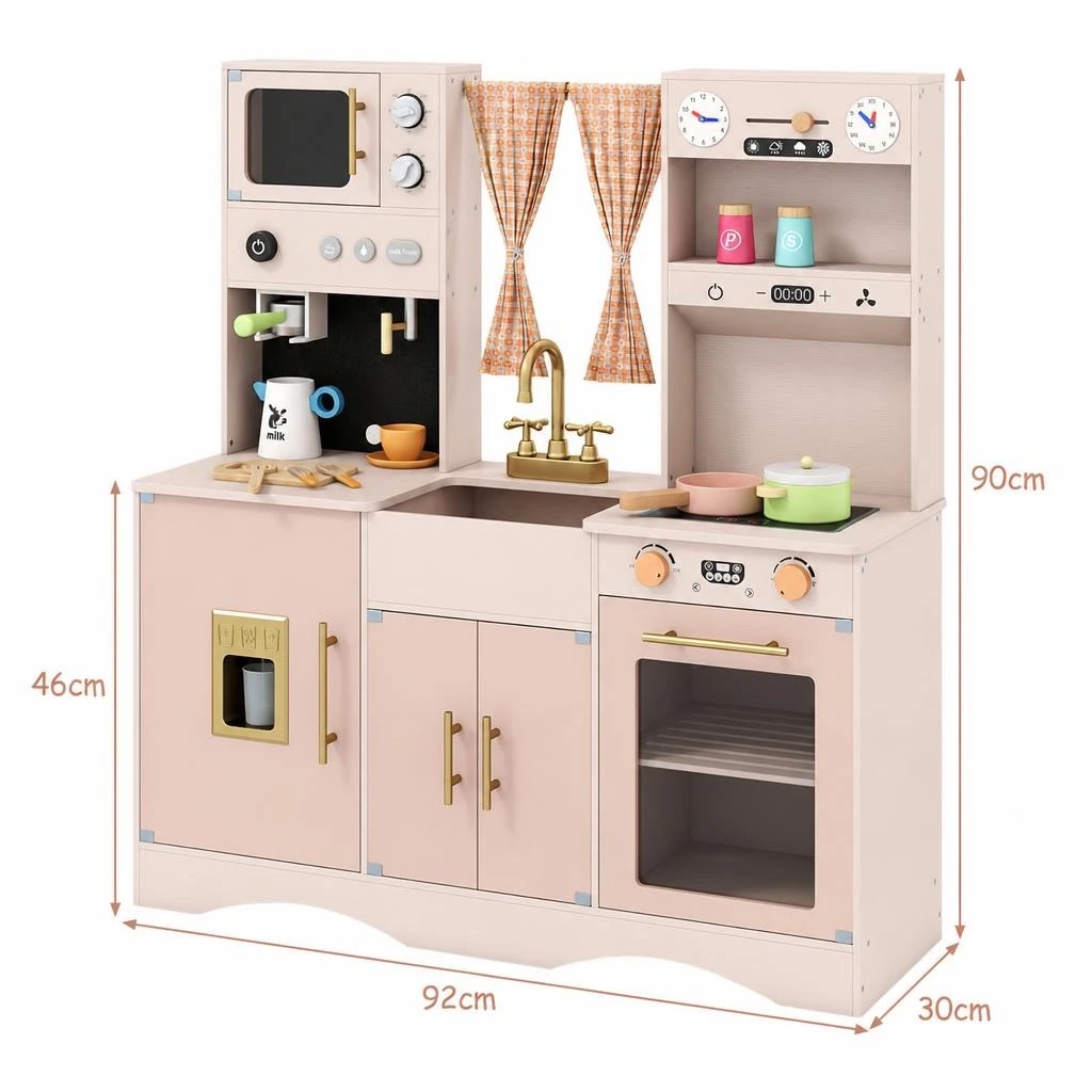 7 Costway Wooden Kitchen Playset Pretend Play Toy Kitchen w/Microwave Coffee Maker - Pink, 7 of 8