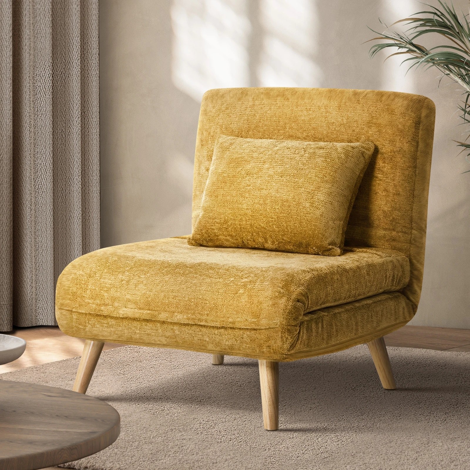 3 Oikiture 1 Seater Sofa Bed Folding Lounge Recliner Chenille - Yellow, 3 of 9