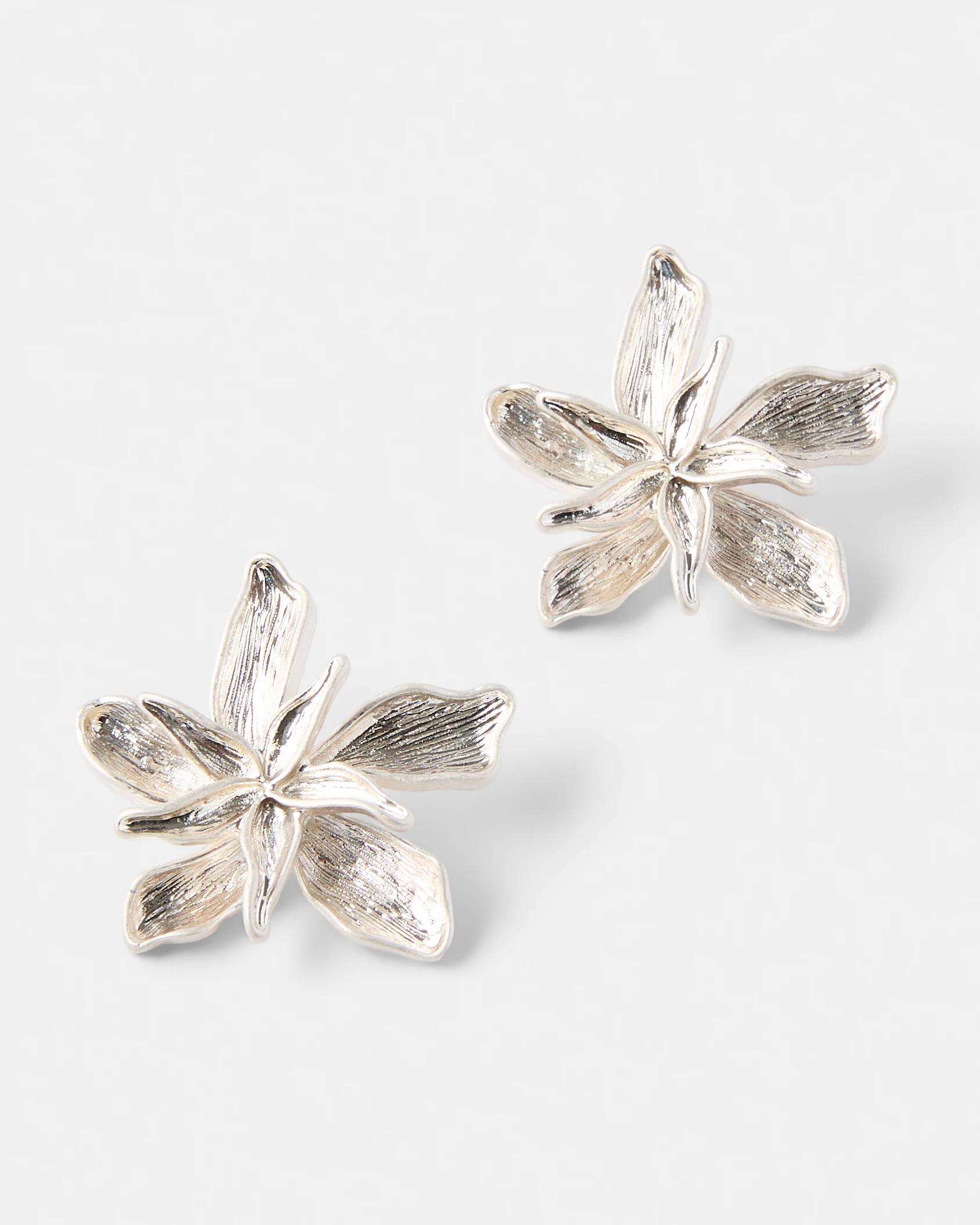 1 Flower Stud Earrings - Silver Tone Silver, 1 of 6