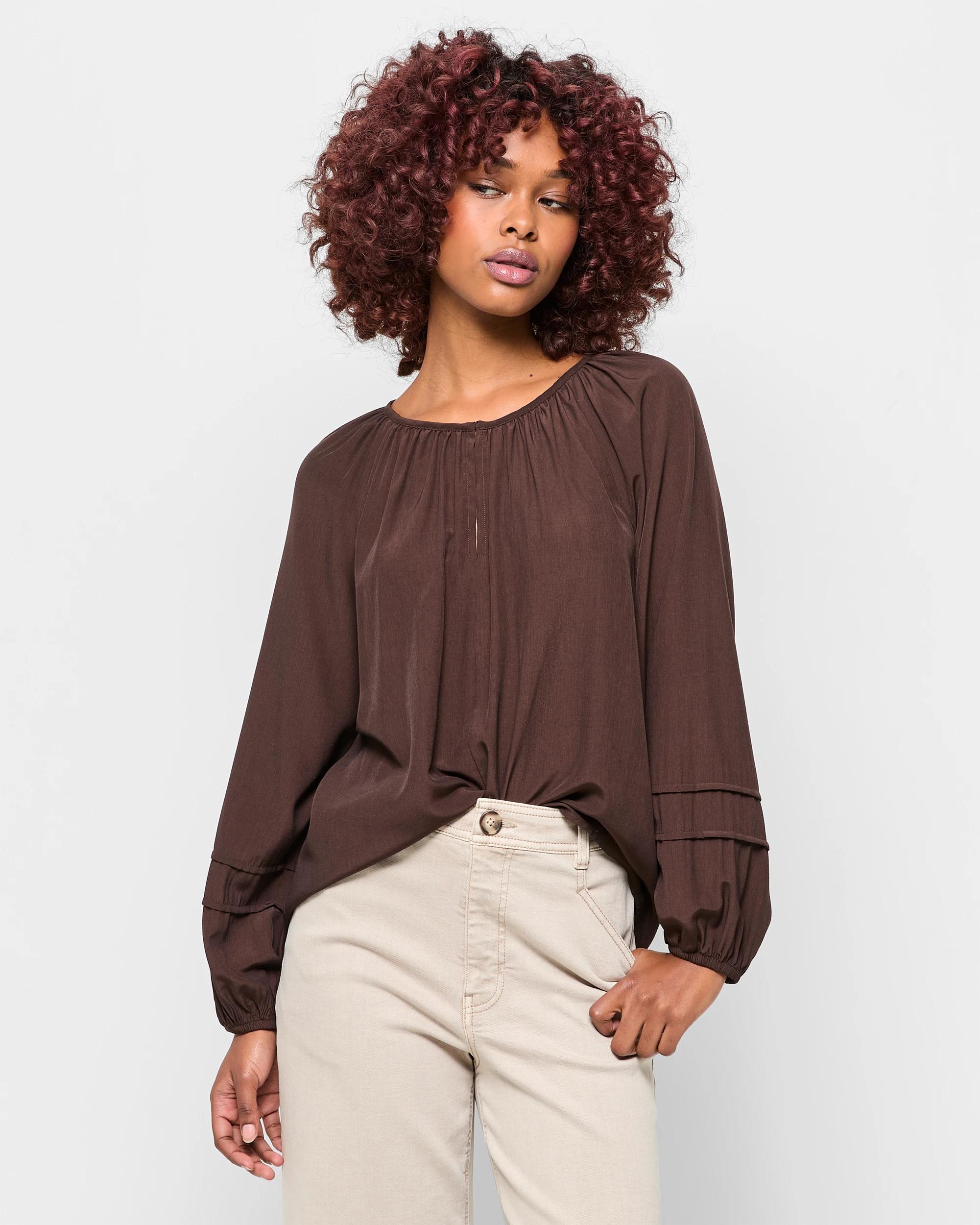 1 Target Petites Long Sleeve Blouson Blouse — Bitter Chocolate BITTER CHOCOLATE, 1 of 5