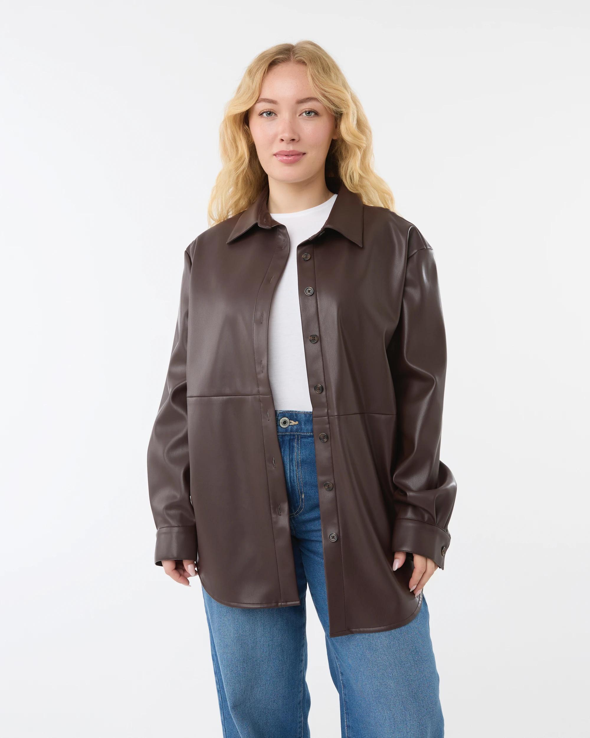 1 Long Sleeve Faux Leather Shirt Choc Plum, 1 of 8