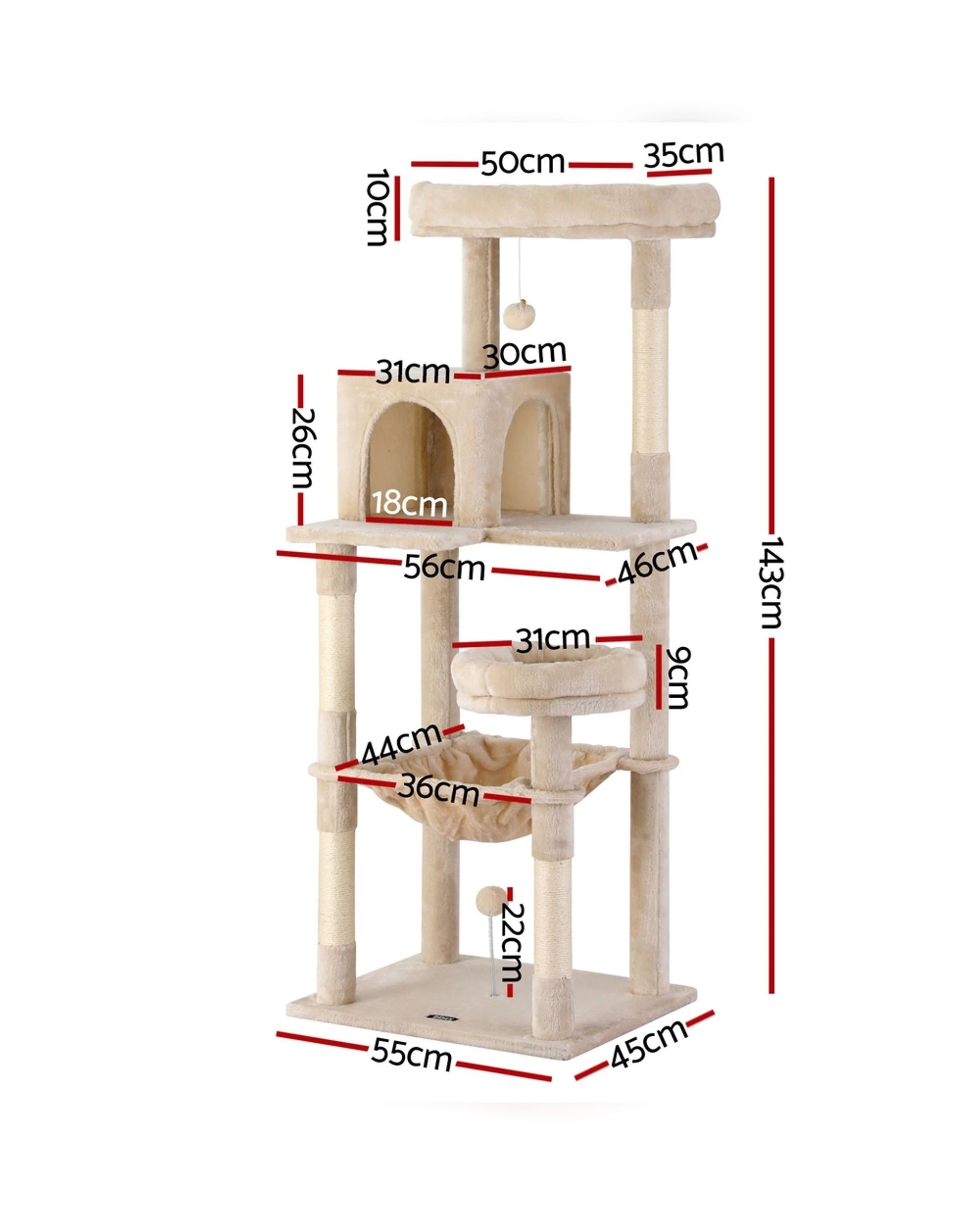 3 i.Pet Cat Tree 143cm Tower Scratching Post Trees Scratcher Condo House - Beige, 3 of 6