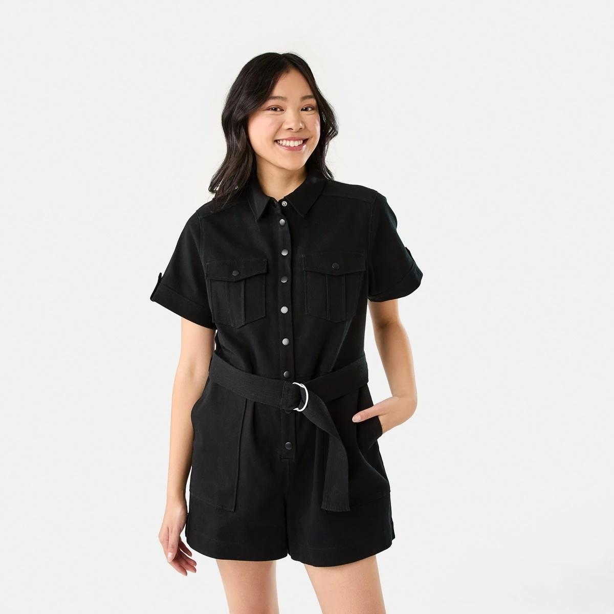 1 Short Sleeve Belted Playsuit BLACK, 1 of 11