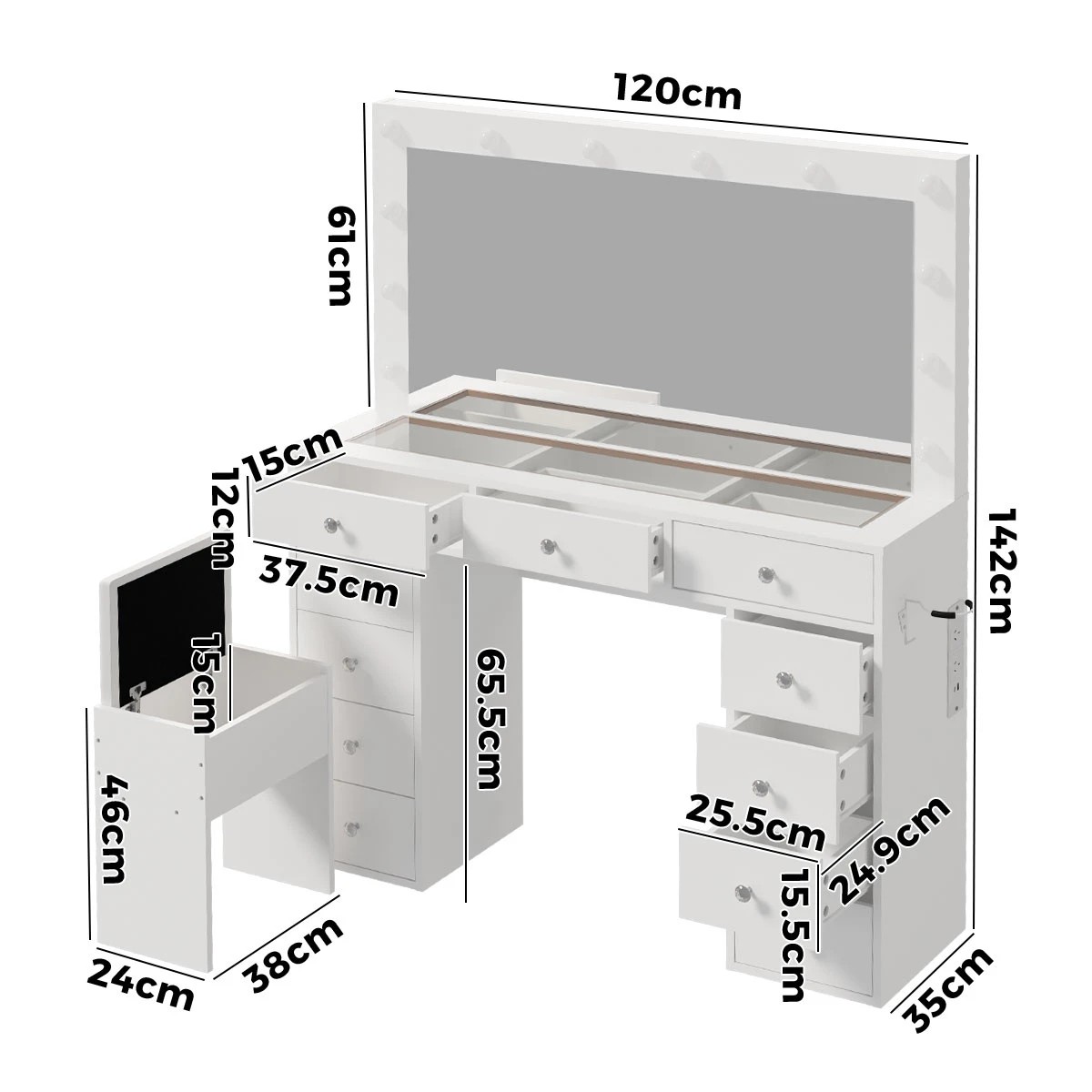 Oikiture Dressing Table Set LED Lights Glass Tabletop 11 Drawers ...