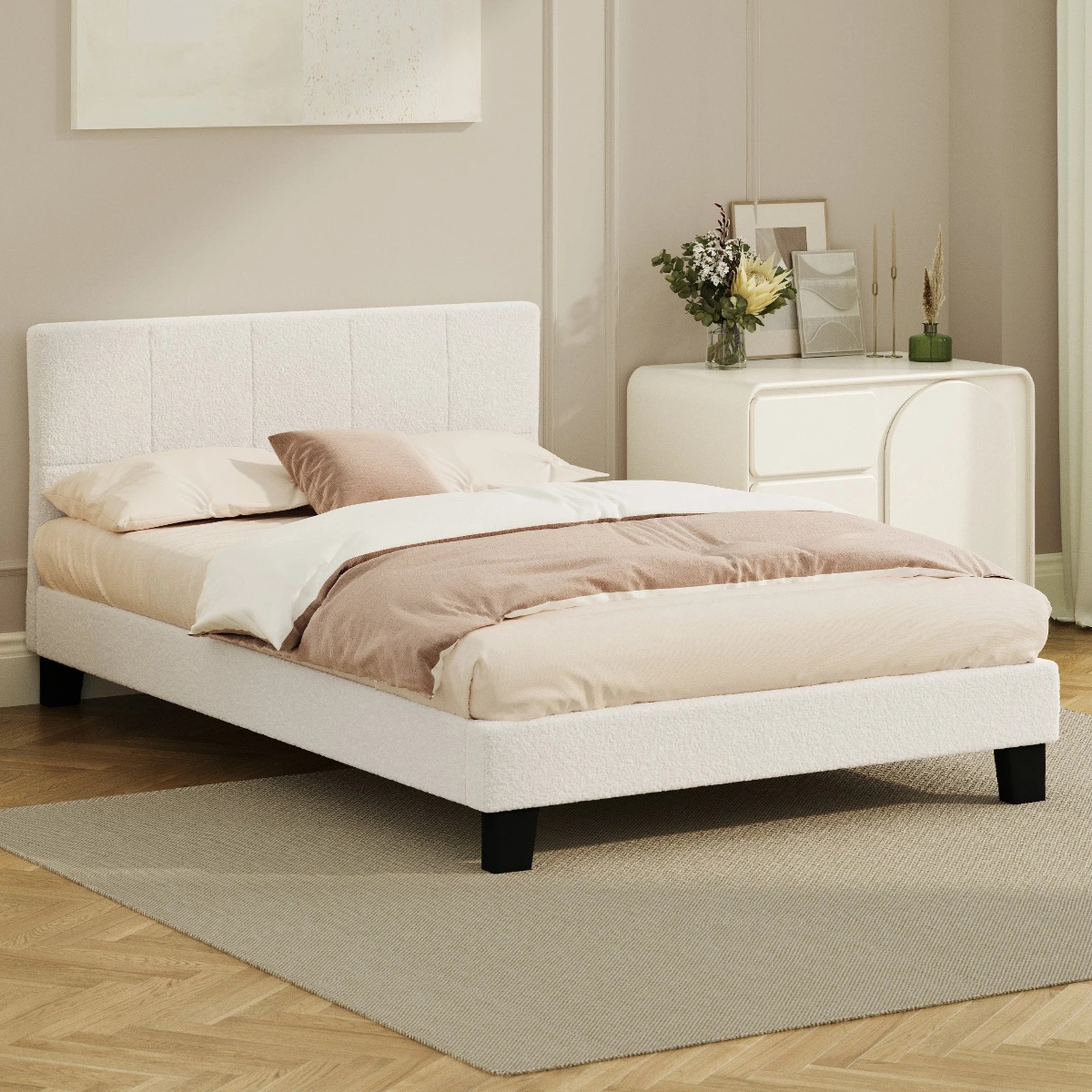 2 Oikiture Bed Frame Double Size Base White Boucle Tofu
 - White, 2 of 10